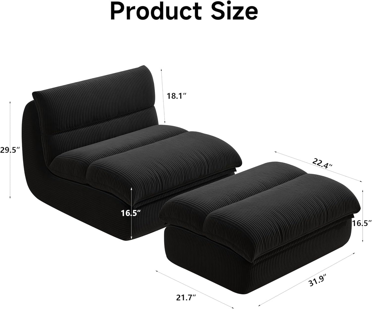 Bean Bag Chair with Ottoman, Cozy Comfy Reading Nook Chairs, Ultra Soft Corduroy Fabric Bean Bag Chairs for Adults, Reading Chair with Ottoman for Living Room, Bedroom Apartment (Black)