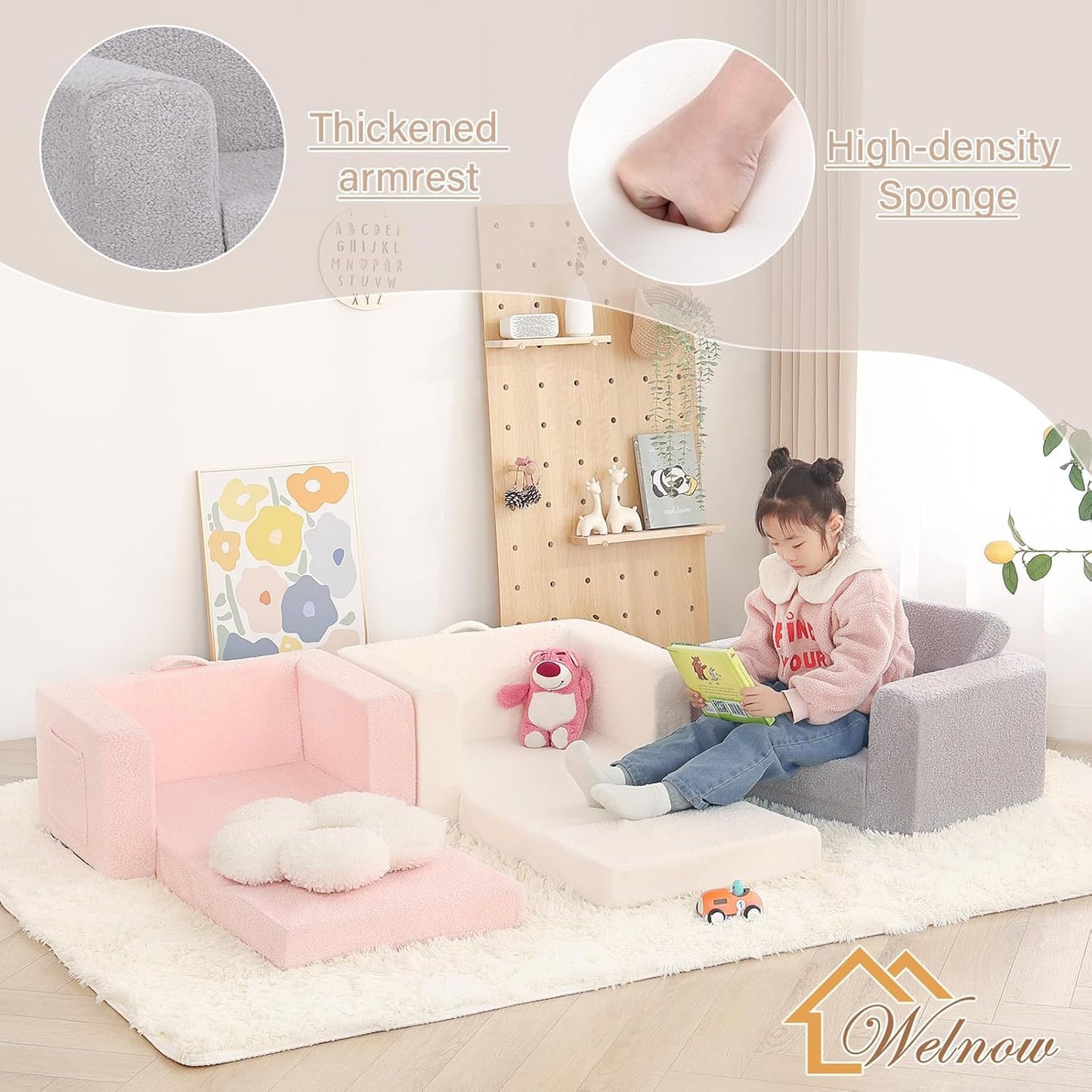 Welnow Toddler Chair, 2-in-1 Soft Sherpa Kids Sofa, Convertible Toddler Couch Lounger, Flip Out Kids Couch Chair with Side Pockets & Removable Cover for Girls and Boys, Grey