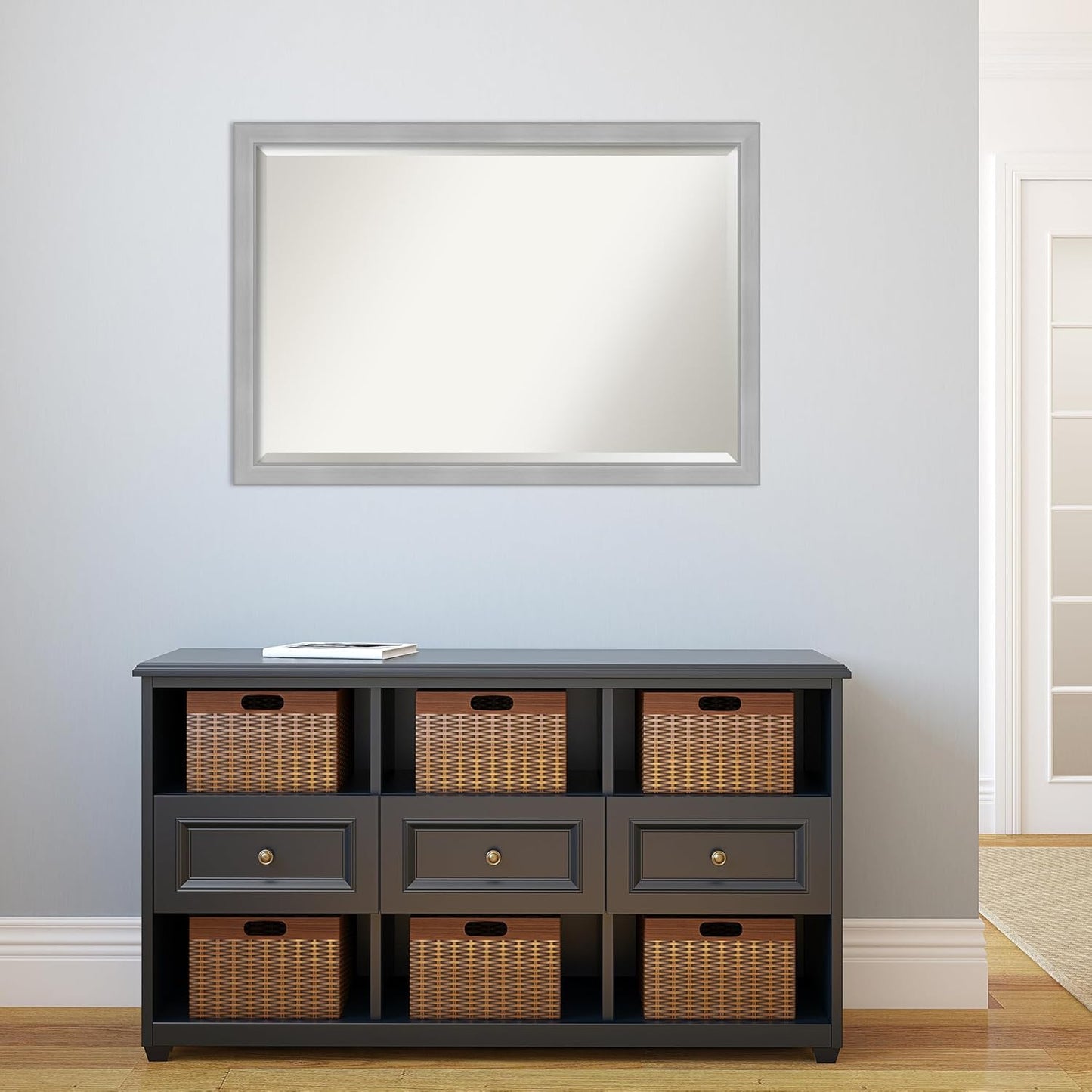 Amanti Art Silver Bathroom Mirror for Over Sink, 27x39 Vista Brushed Nickel Narrow Rectangle Vanity Mirror, Large Casual Frame, Hangs Horizonally and Vertically, Bathroom Wall Decor, Beveled Edge