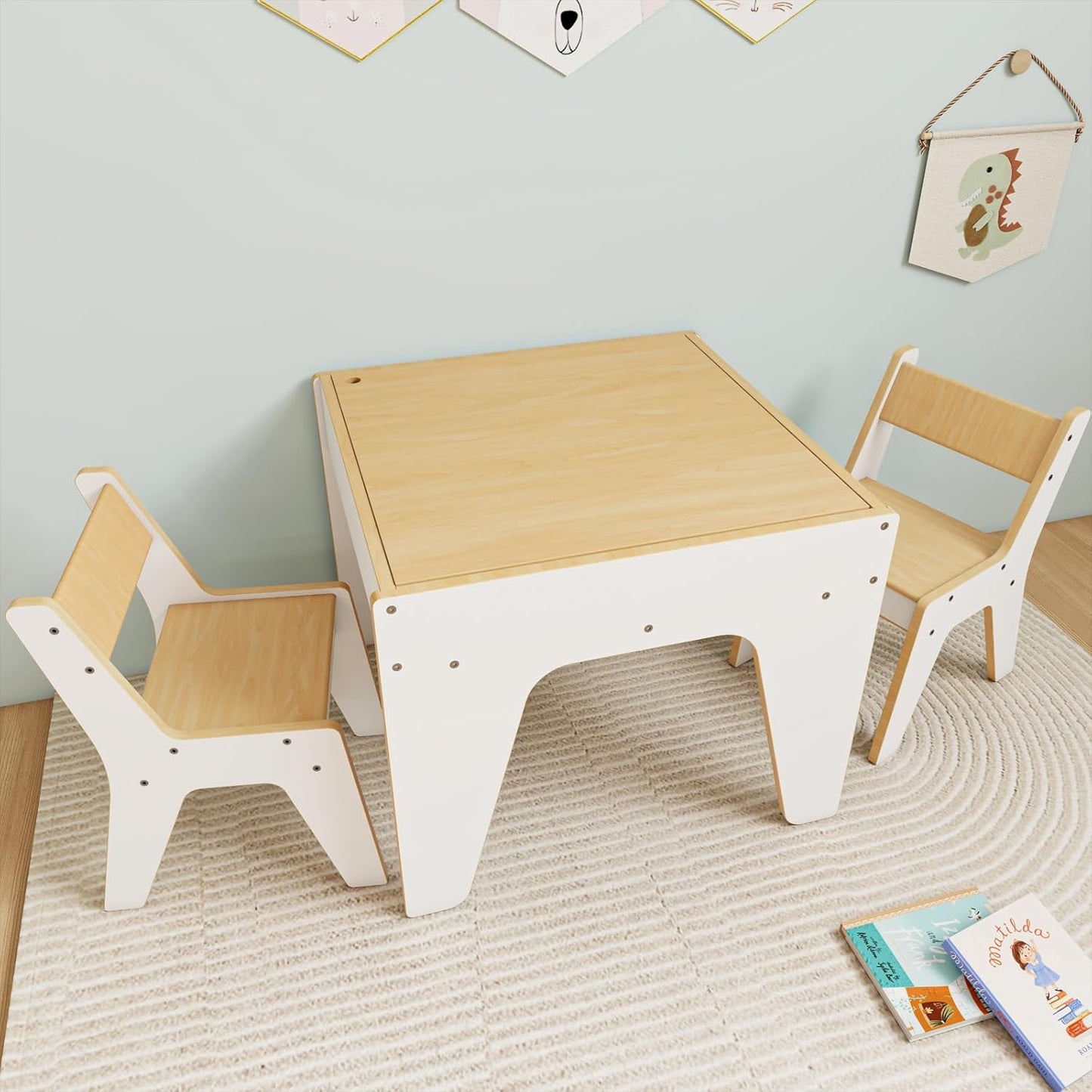 wingyz 4-in-1 Toddler Table and Chairs Set, Kids Play Tables with Storage, Wooden Sensory Tables with Dual-Sided Blocking Baseplate, Baby Activity Table with Chalkboard