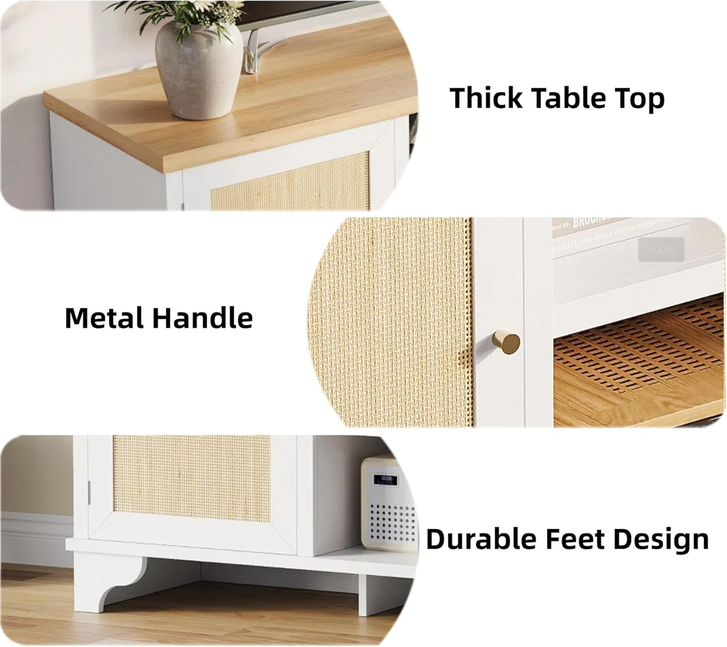 GarveeHome Rattan TV Stand for 70 Inch TV, Boho Entertainment Center with Cabinets & Open Shelves, Wooden Media Console Table for Living Room, White