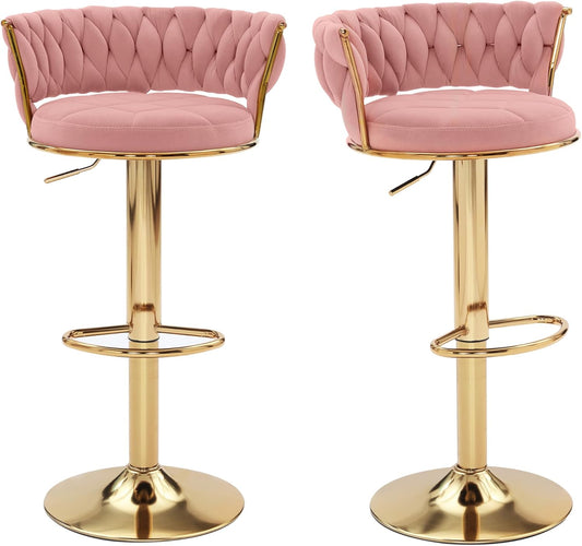 VECELO Bar Stools Set of 2, Adjustable Barstools Counter Height Stools with Back and Arm, Velvet Woven Kitchen Island Stools w/Gold Metal Leg & Base, 360° Swivel Bar Chair, Pink