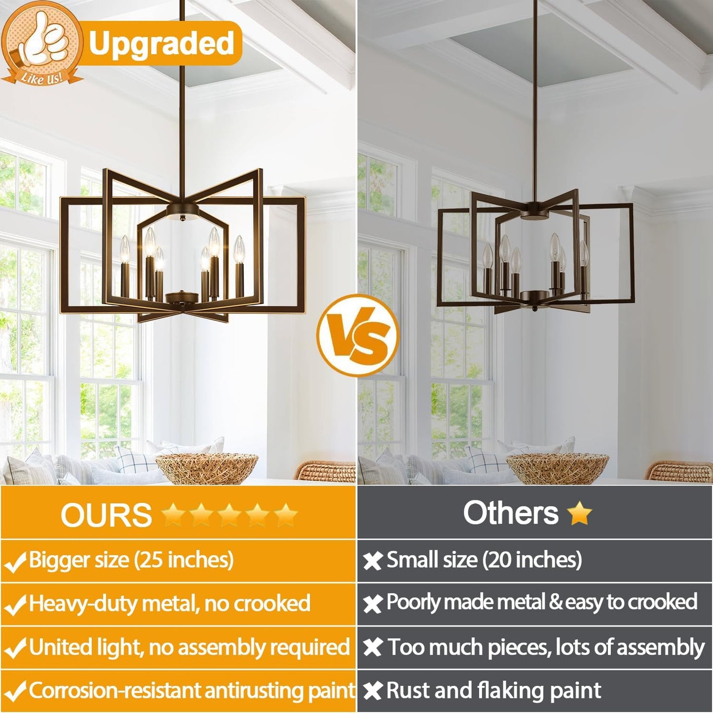 25" Modern Brown Chandelier for Dining Room (6-Light, 25-Inch), Geometric Brown Dining Room Light Fixture Over Table, Industrial Metal Hanging Pendant Lights for Kitchen Island, Entryway, Foyer