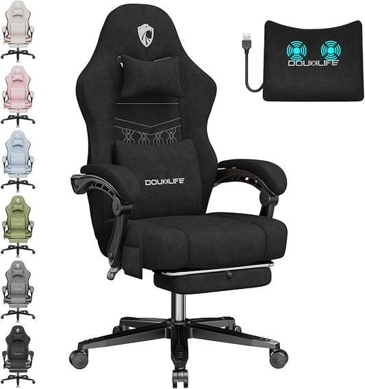 Gaming Chair, Fabric Computer Office Chair with Massage, Ergonomic Chair with Footrest Lumbar Support, Pocket Spring Widened Cushion Metal Legs 350LBS Black