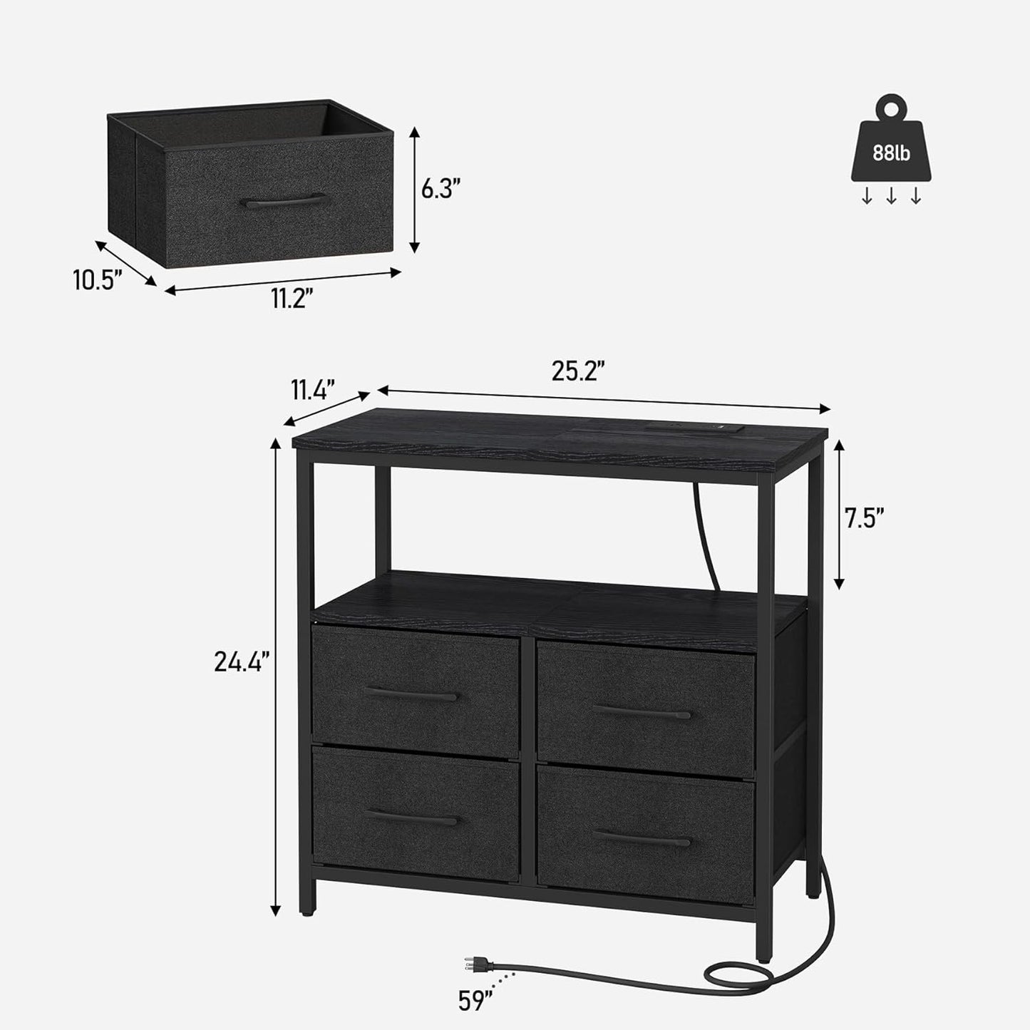 TUTOTAK Large Night Stand with Charging Station, Nightstand with USB and Type-C Port, Bedside Table with Cloth Drawers, End Table for Livingroom, Bedroom, Black TB01BK081