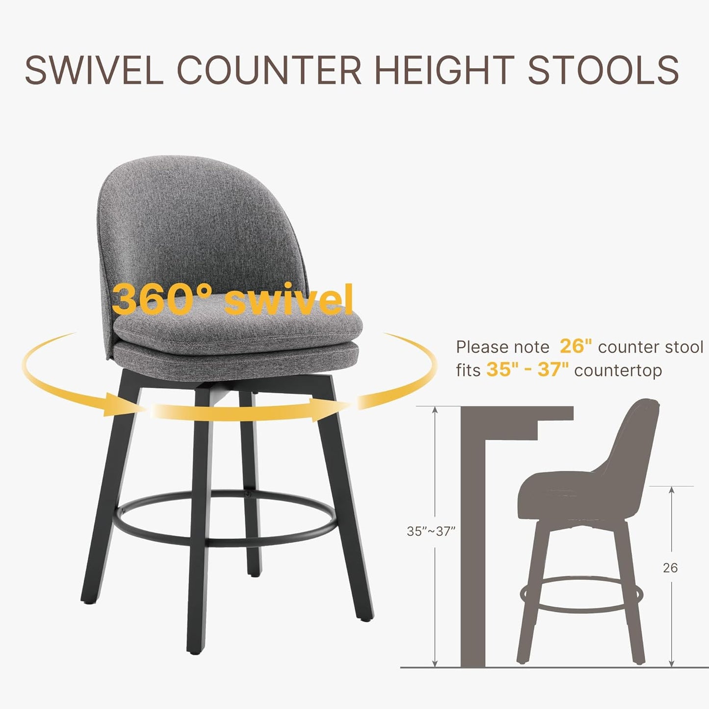 Counter Height Barstools 26 inch Upholstered Swivel Bar Stools with Back and Wood Legs for Kitchen Island,Set of 2,Dark Grey Fabric-Armless