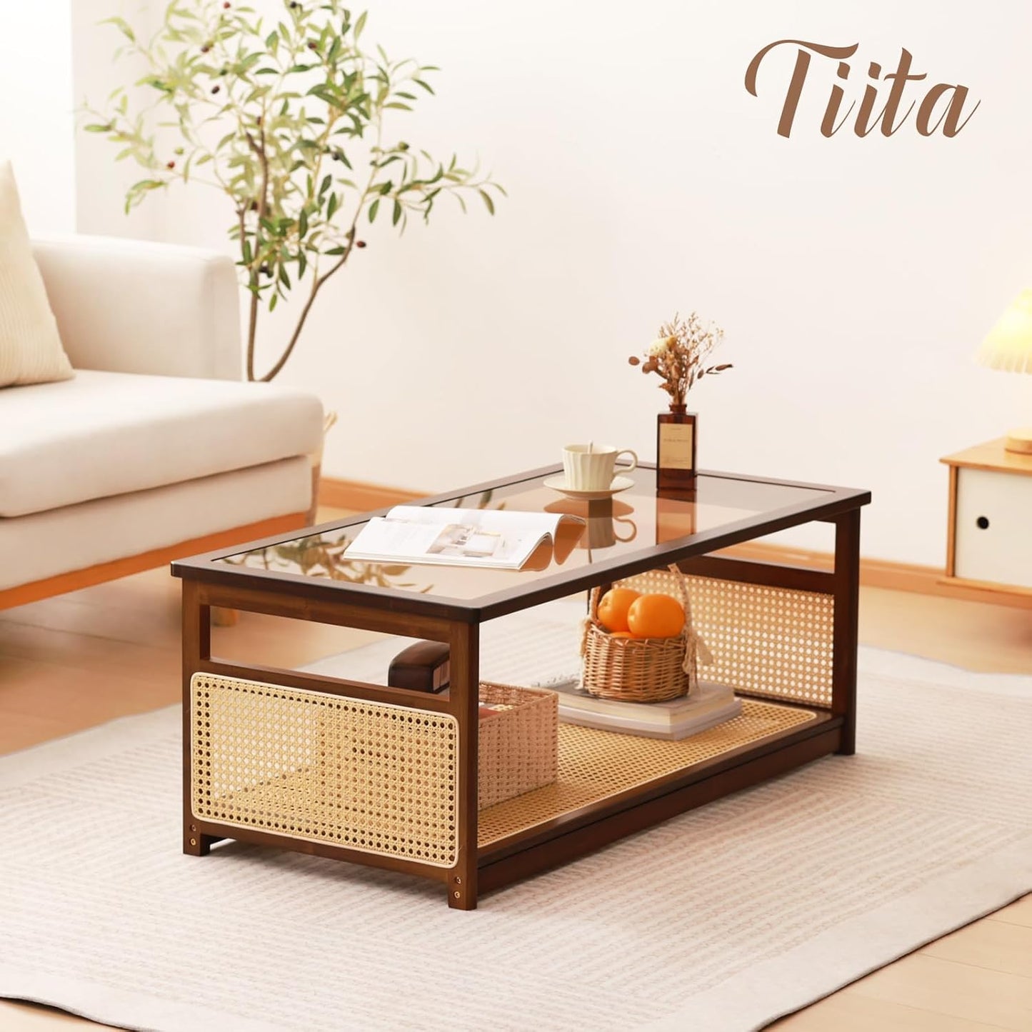 Tiita Coffee Tables for Living Room，Mid Century Modern Storage 2-Tier Coffee Tables，Rattan Glass RectangleTables，Suitable for Living Room Apartment，Brown