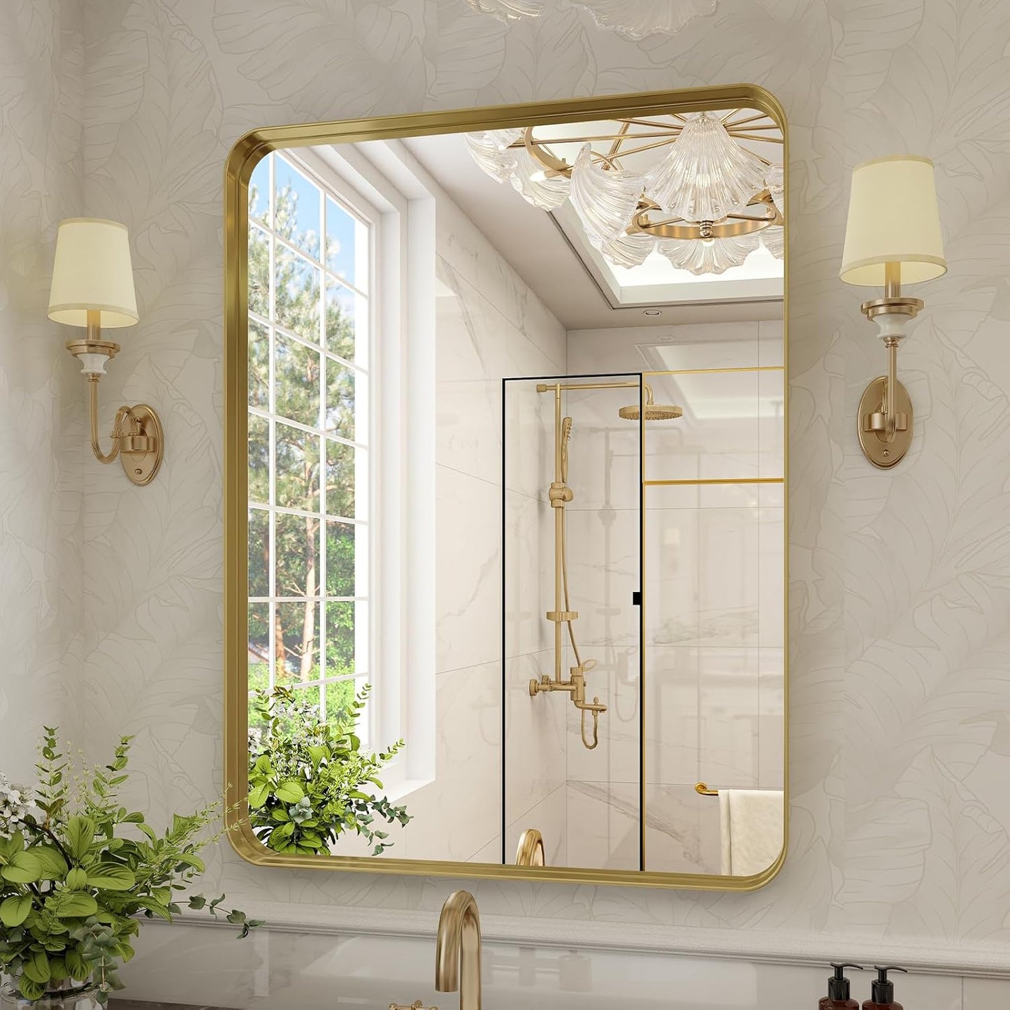 Bathroom Mirror 30x40 inch, Gold Gorgeous Deep Frame Wall Mirror, Modern Round Corner Bathroom Vanity Mirror for Bedroom, Living Room, Hanging or Leaning Horizontal or Vertical, Gold