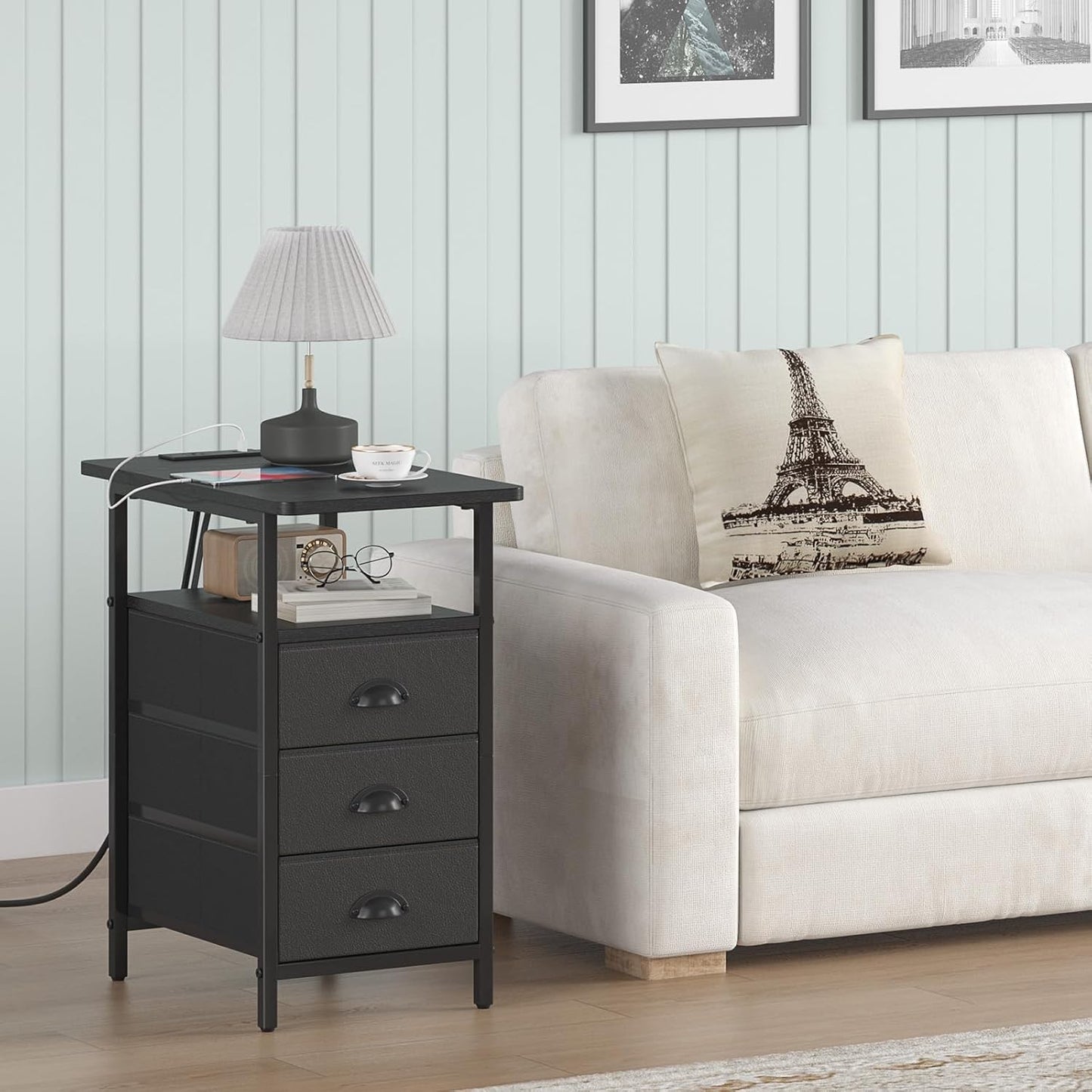End Table with Charging Station, Side Tables Livingroom with USB Ports and Outlets,Narrow Nightstands Bedside Tables with 3 Drawers PU Finish for Small Space,Slim Sofa Table Bedroom,Black