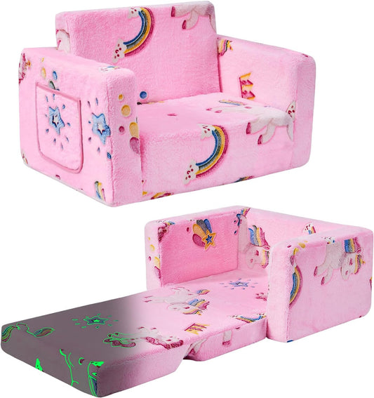 Toddler Couch,Toddler Chair,Kids Chair 2-in-1 Baby Seat Furniture Fold Out, Convertible Sofa to Lounger Comfy Glow in The Dark Sofa Bed,Gifts for Kids Girl Boys,Unicorns Rainbow,Medium