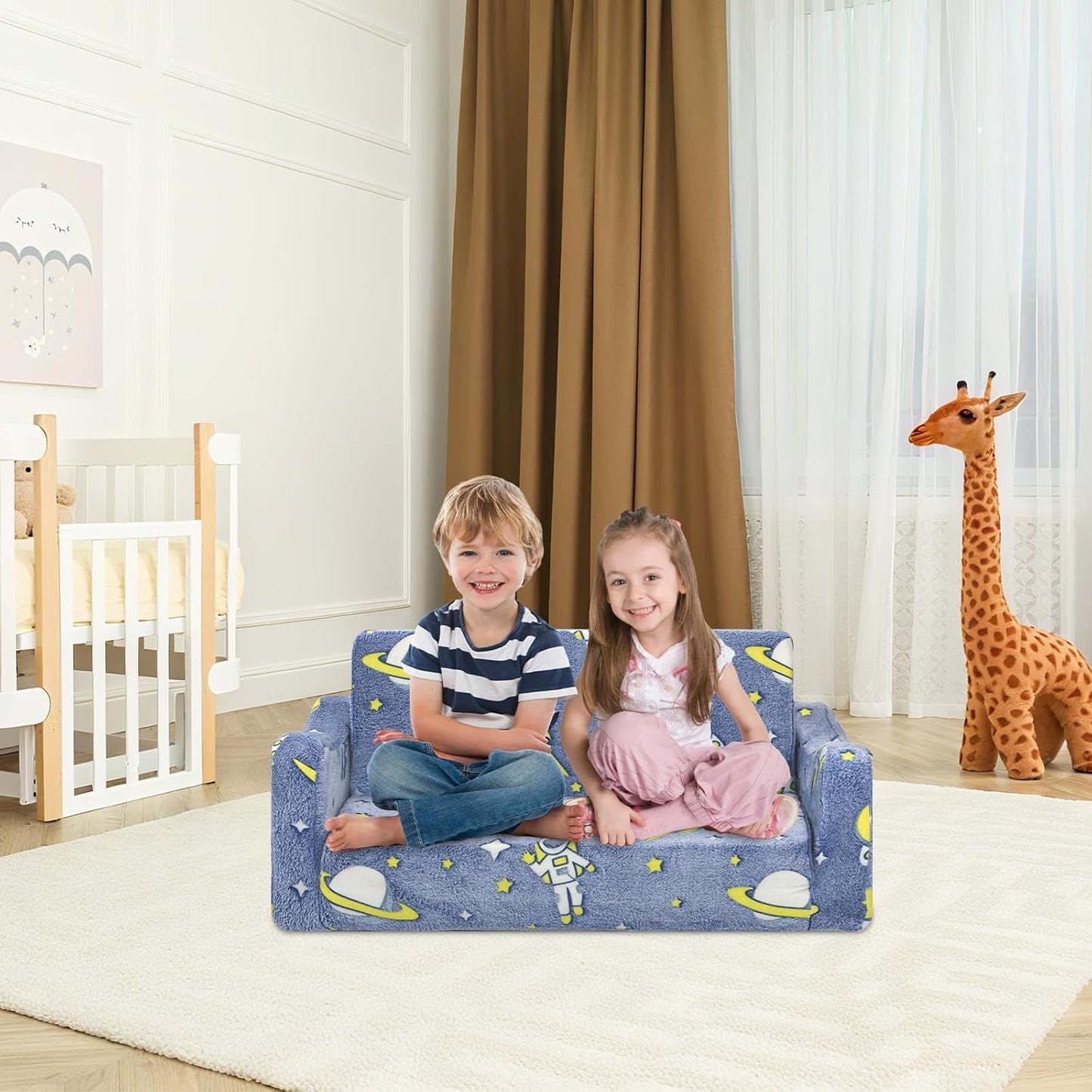 Kids Couch Extra Large,Glow in The Dark 2-in-1 Folding Kids Sofa Bed for Boys,2 Seats Convertible Sleeper Lounger Toddler Couch for Children Bedroom Playroom Nursery,Astronaut