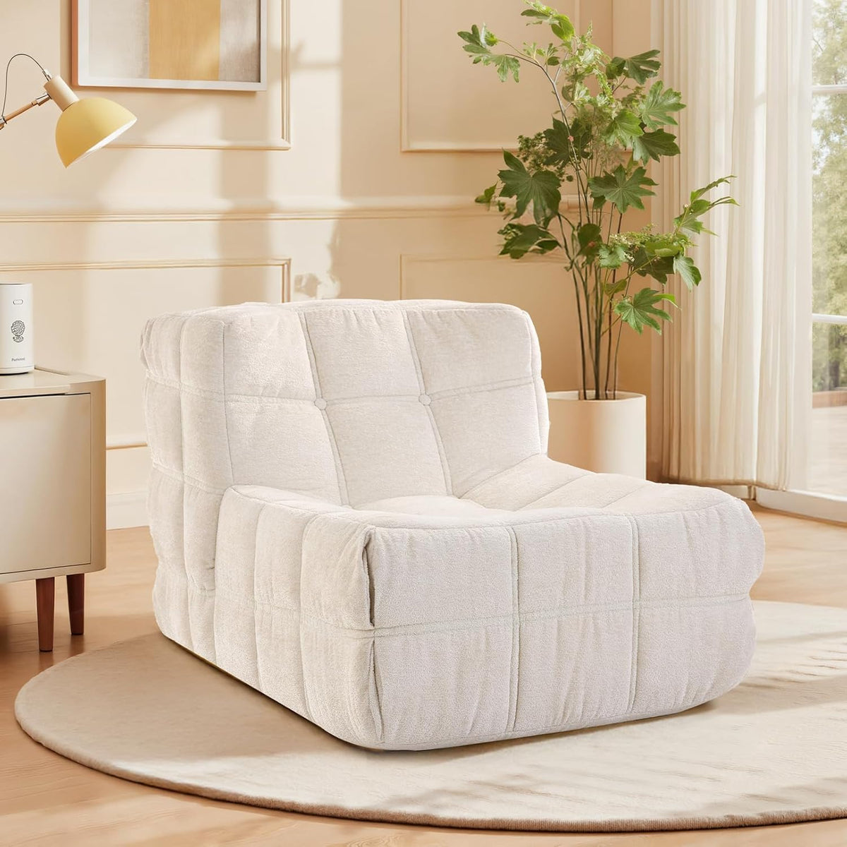 Bean Bag Chair, Soft Chenille Pre-Filled Lazy Chair Floor Sofa Bean Bag Chair for Adults and Teens, Accent Chair for Living Room Bedroom Apartment (Ivory)