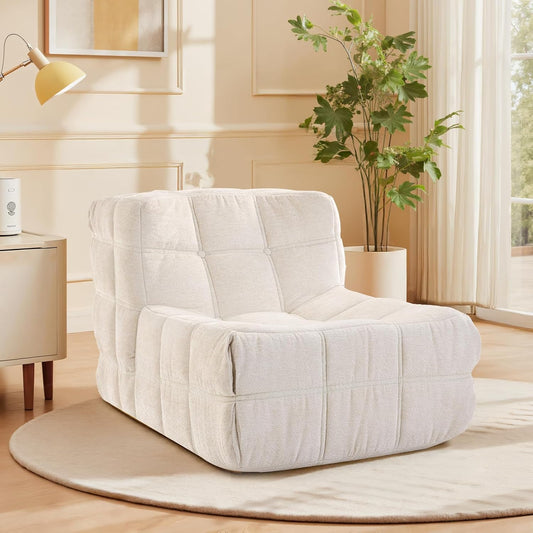 Bean Bag Chair, Soft Chenille Pre-Filled Lazy Chair Floor Sofa Bean Bag Chair for Adults and Teens, Accent Chair for Living Room Bedroom Apartment (Ivory)