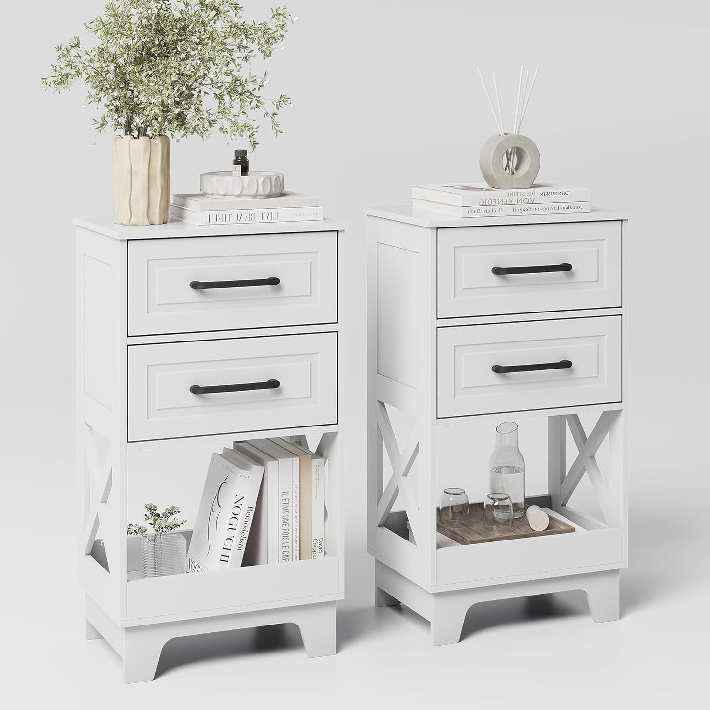 Tall Nightstand Set of 2 Side Table with 2 Drawers Modern Night Stand Wooden End Table Bedside Table with Below Open Shelf Solid Feet for Bedroom, Living Room, White