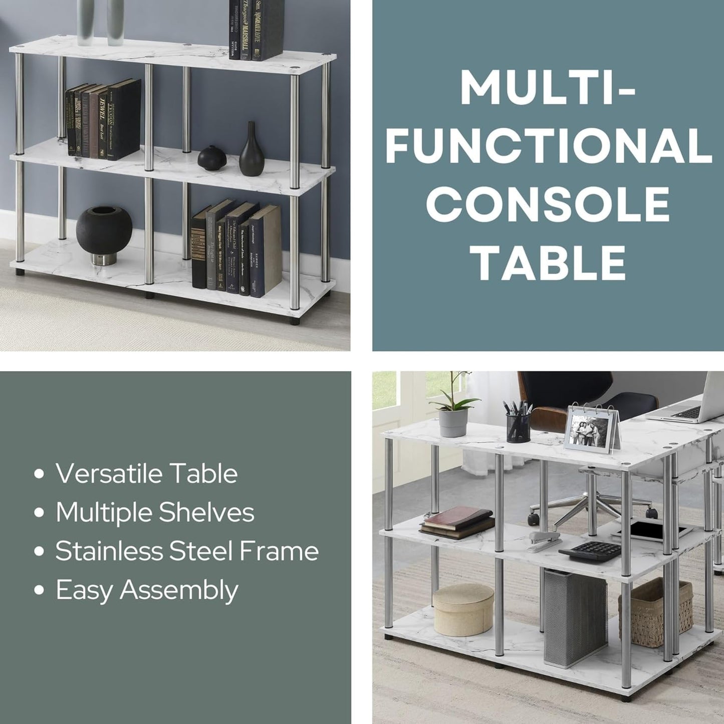 Convenience Concepts Designs2Go No Tools 3 Tier Wide Console Table 42" - Modern Accent with Shelves for TV Media Center, Office Desk Extension, Entryway Display, & Home Storage, White Faux Marble
