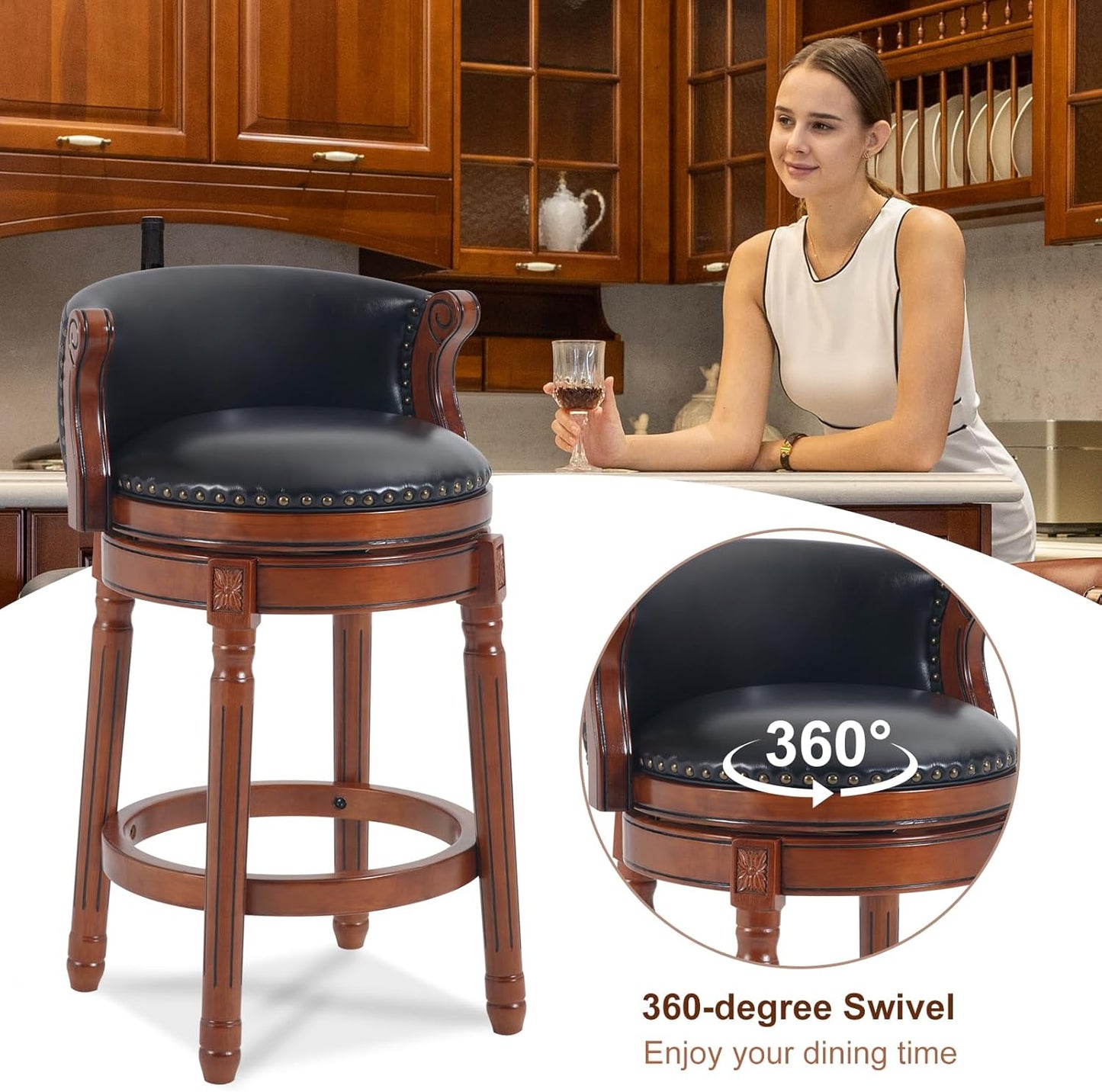 CozyRain Bar Stools Rubber Wood Counter Height Bar Stool Leather Upholstered Swivel Barstools with Back & Footrest for Home,Kitchen,Counter,Dining Room (Black, Seat Height 26 in)