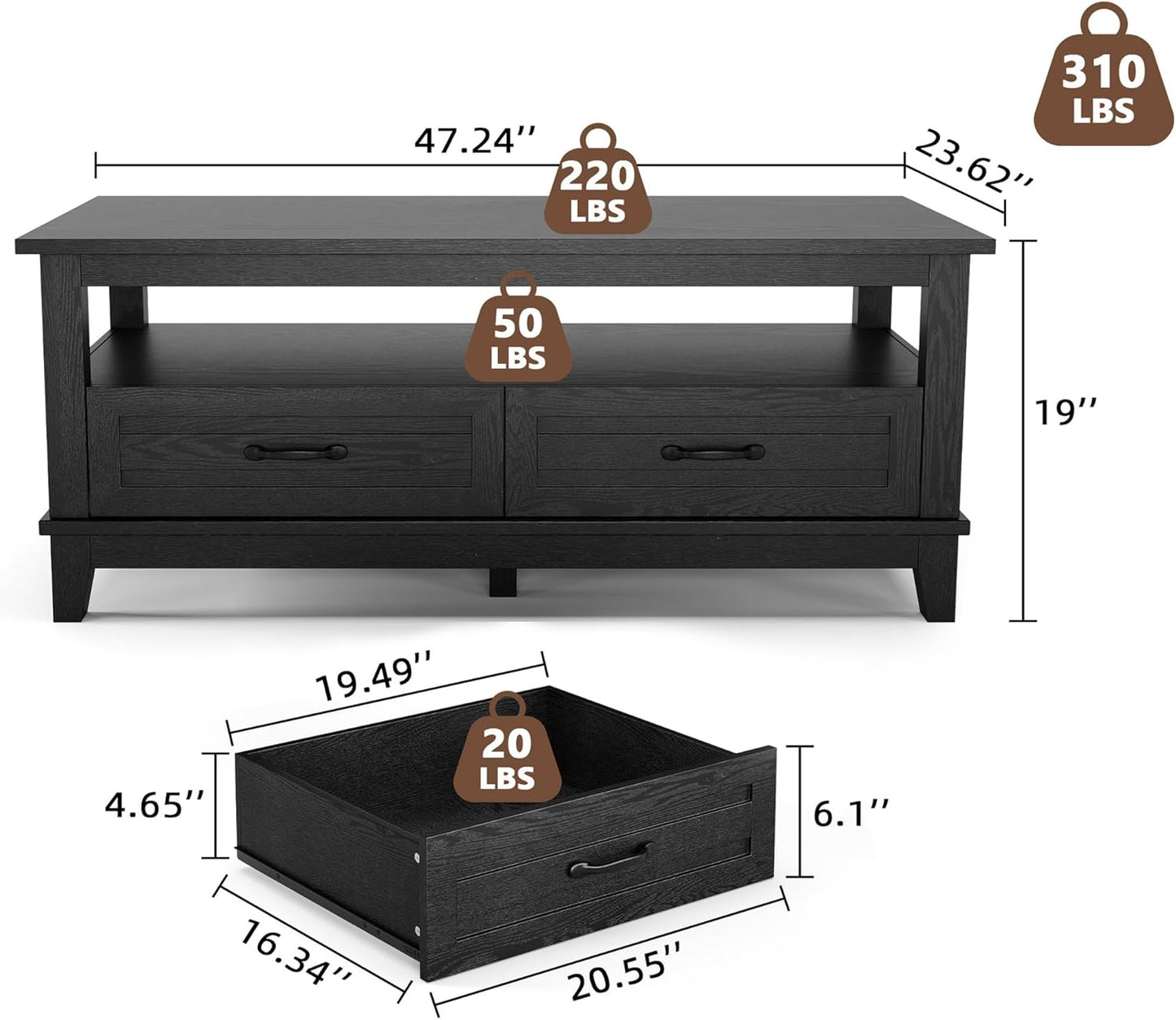 GarveeHome Farmhouse Coffee Table with Drawers, 47.2" Center Table Rustic Coffee Tables Black Living Room Table, with Open Shelf and 6 Support Legs