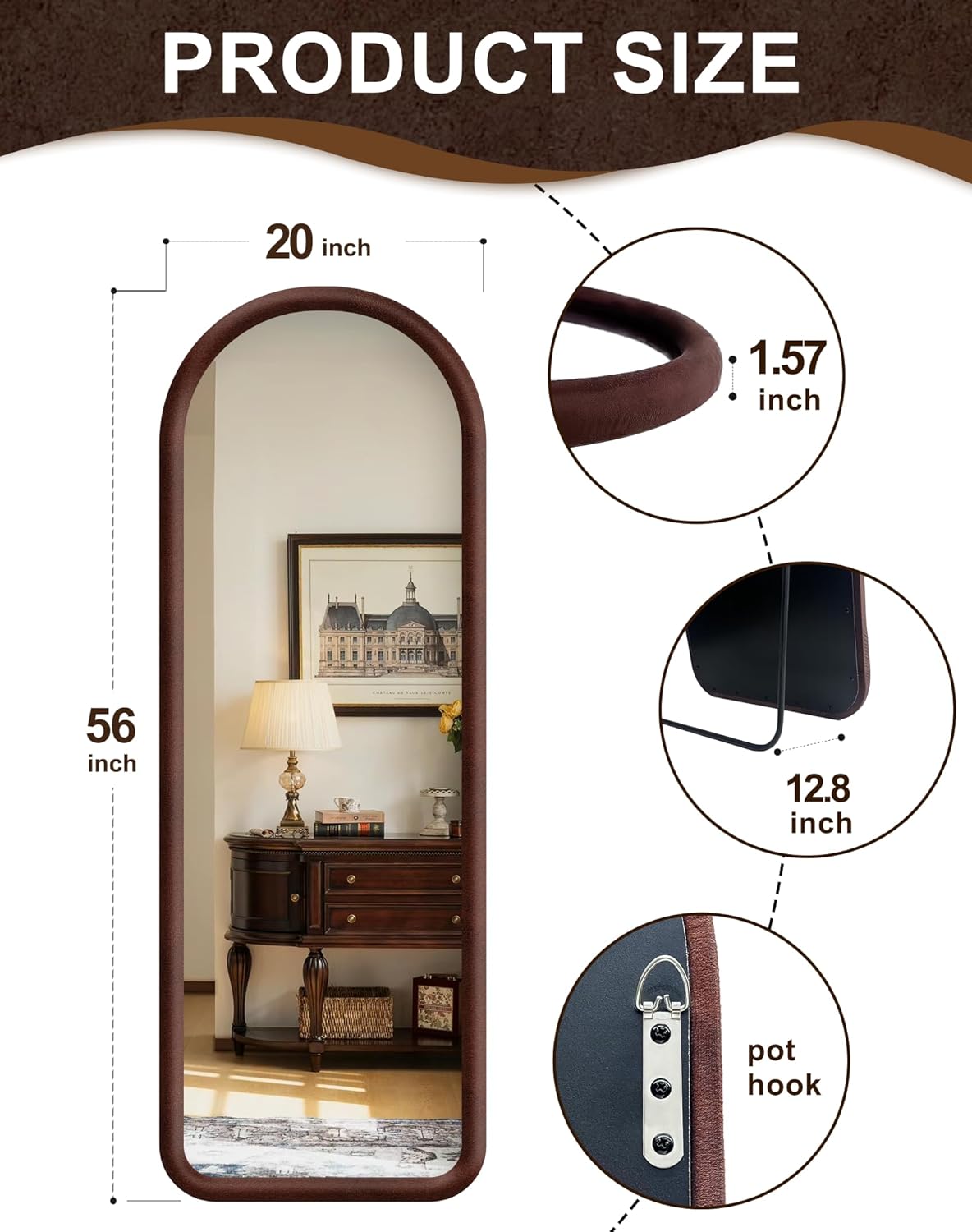 Delma Arched Full Length Mirror, Free Standing Floor Plush Flannel Frame Mirror for Leaning or Hanging, Soft Touch Bedroom & Living Room Decor, Dark Brown