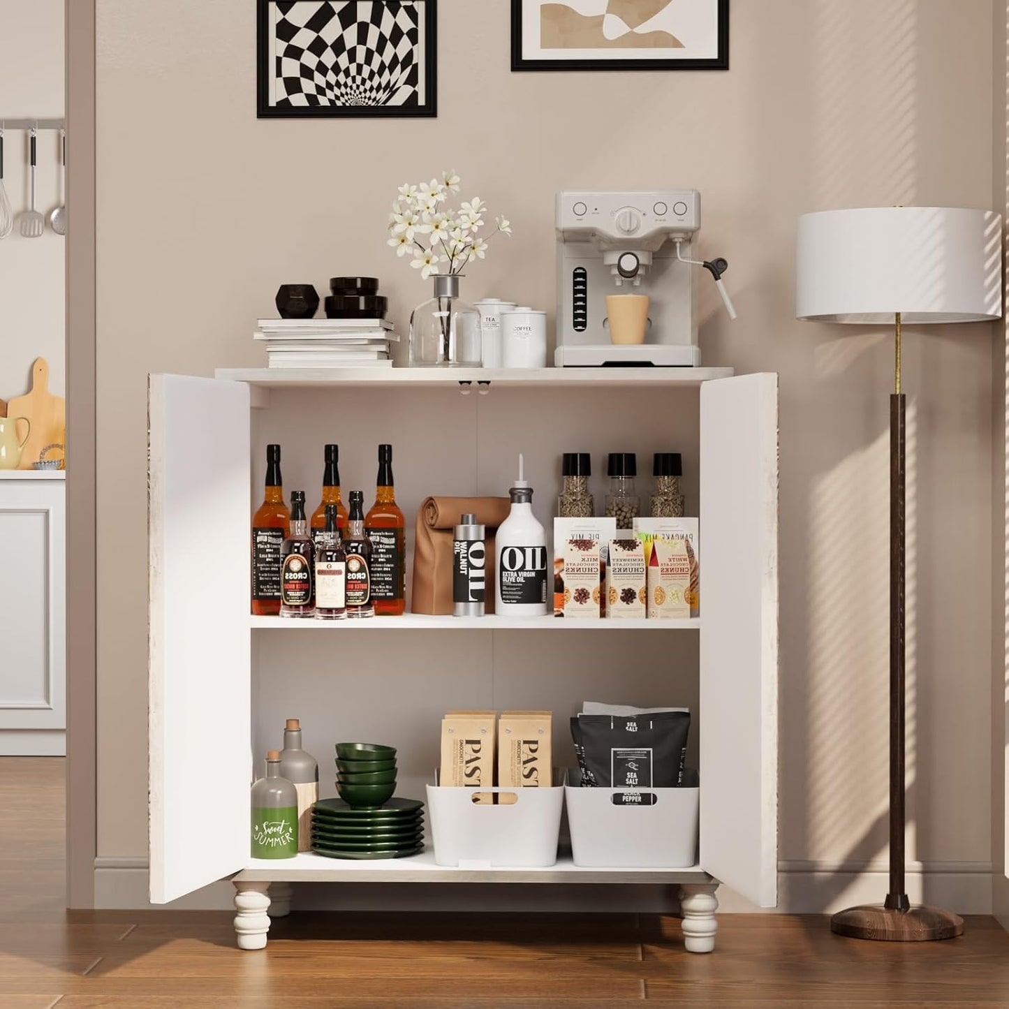 COSIEST 32" W Sideboard Buffet Cabinet with Storage, Accent Cabinet with 2 Push-to-Open Magnetic Doors, Vintage MDF Buffet Table for Living Room, Kitchen, Hallway (Gray,Lotus Pattern)
