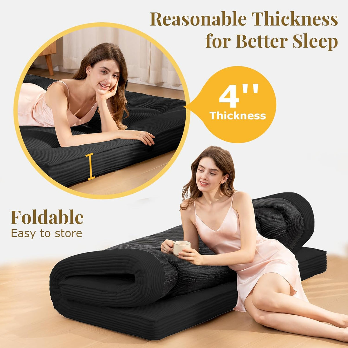 Japanese Floor Mattress, 4" Thicken Futon Mattress Queen Size Sleeping Pad, Corduroy Foldable Floor Pad, Roll Up Tatami Mat for Adults Guest Room Bedroom, Black