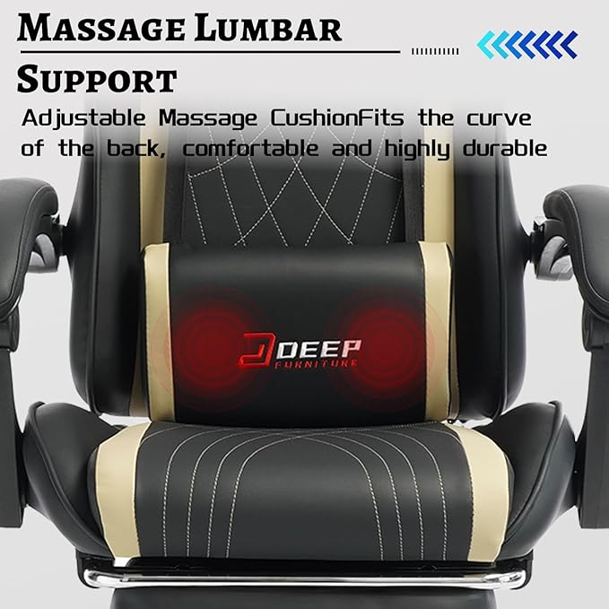 Ergonomic Gaming Chair with Footrest and Lumbar Massage, Racing Office Chair, High Back Computer Desk Chair with Headrest Pillow for Adults, Video Game Chair for PC Gamer (1001-Beige)