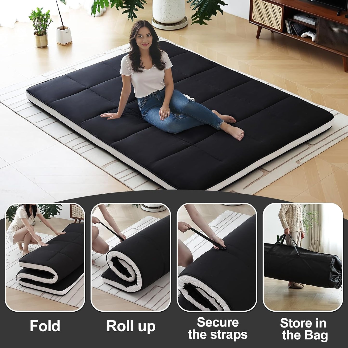 Tiita Floor Mattress Memory Foam Mattress Topper, 4" Thicken Futon Mattress with Storage Bag and 2 Straps, Portable Roll Up Travel Car Camping Mattress Sleeping Pad Full Size, Black
