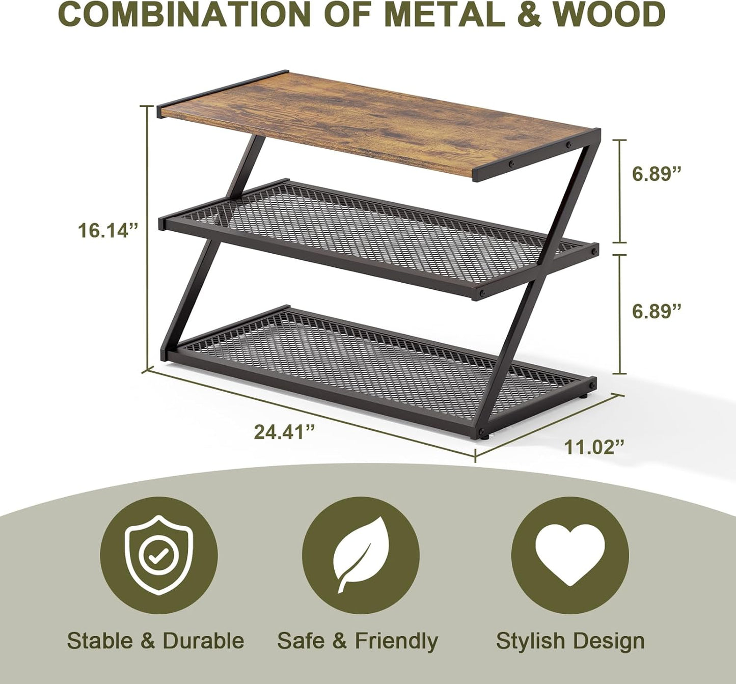 Z-Frame Shoe Rack with Wooden Top & Metal Mesh Shelves - Space-Saving Storage for Hallway, Living Room, Closet & Bedroom (24.41" x 11.02" x 16.14")