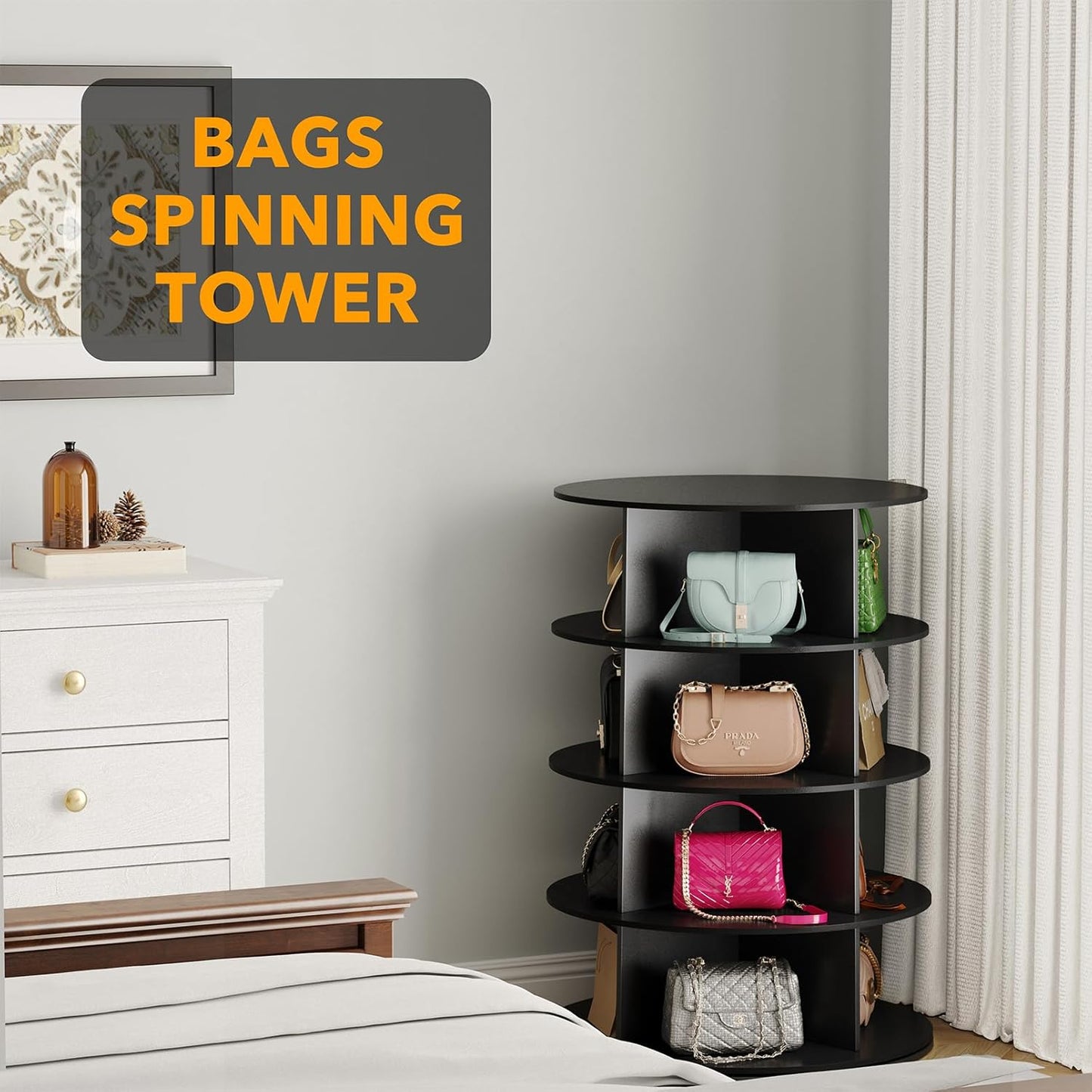 SpaceAid 4 Tier Rotating Shoe Rack Tower, Spinning Shoe Display Lazy Susan, Revolving 360 Shoe Rack Storage Round Carousel, Vertical Handbag Rotate Shoes Closet Organization (4-Tier Black)