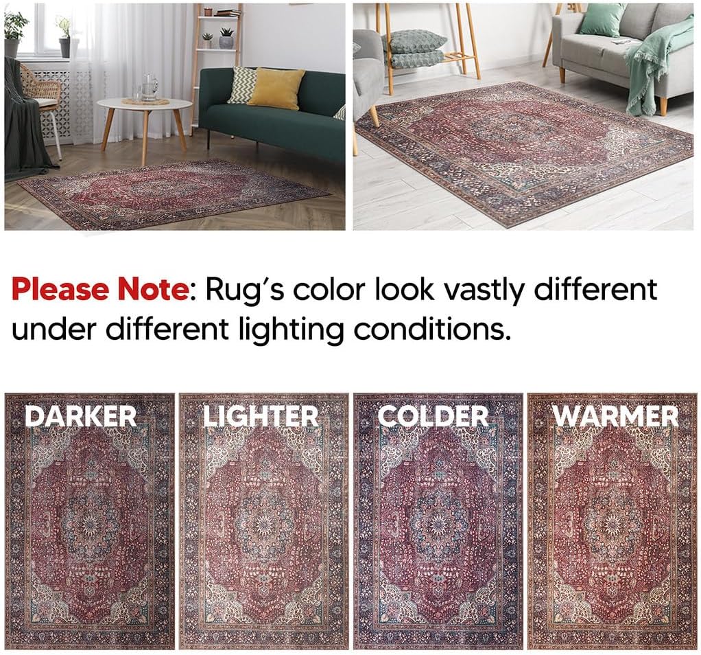 Keen Home Design 6x9 Rug - Machine Washable Area Rug with Non-Slip Backing, Ideal for Living Room, Dining Room, Bedroom - Vintage, Easy Clean, Durable, Low Pile Rug - (6' x 9')