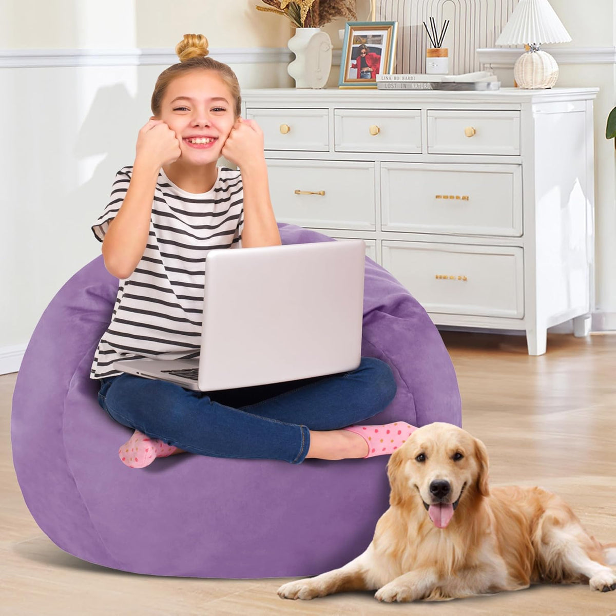 2FT Bean Bag Chair with Ultra Soft Velvet Cover Bean Bag Sofa with Memory Foam Bean Bag Chairs with Large Size Lazy Sofa for Dorm Office Living Room Bedroom Purple 2'