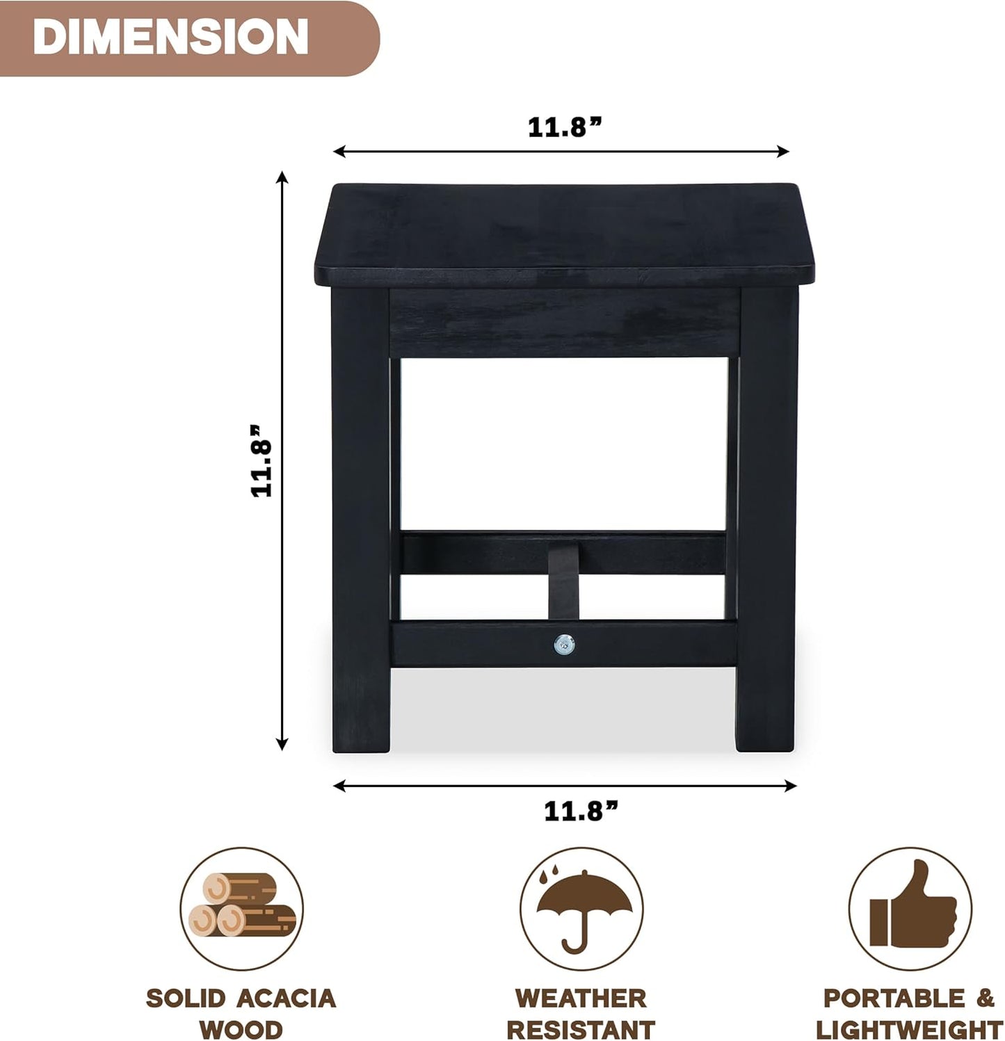 12 Inch Wooden Black Step Stool, Small Nature Beach Chair Under Desk, Indoor Acacia Wood Short Footstool for Living Room, Kitchen, Bathroom