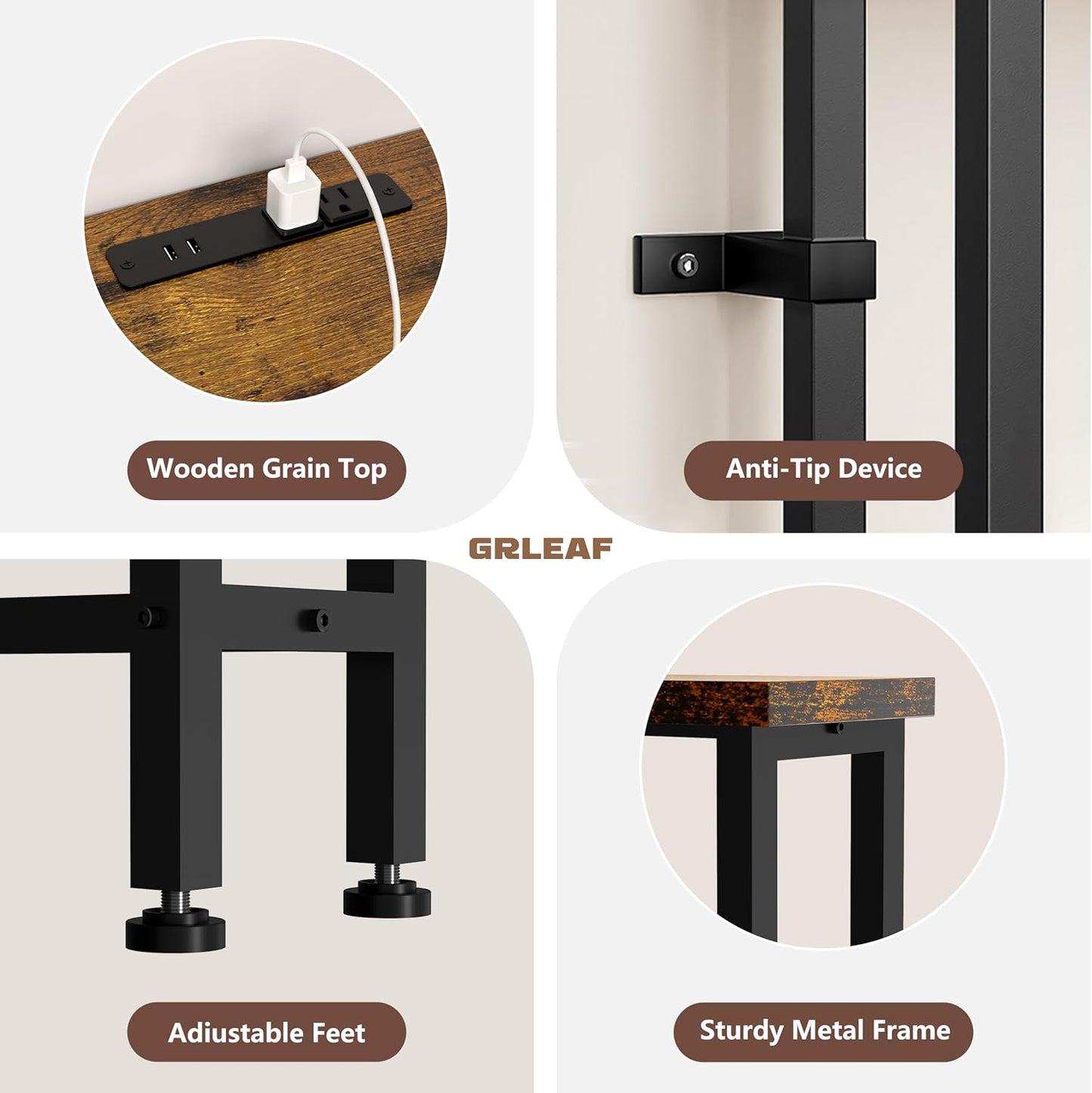 GRLEAF 70" Sofa Table with Built-in Power Strip (4 AC Outlets & 4 USB Ports) – 4.9ft Power Cord, Metal Frame, Easy Assembly, Long Couch Table Behind Sofa, Living Room and Home Office | Rustic Brown