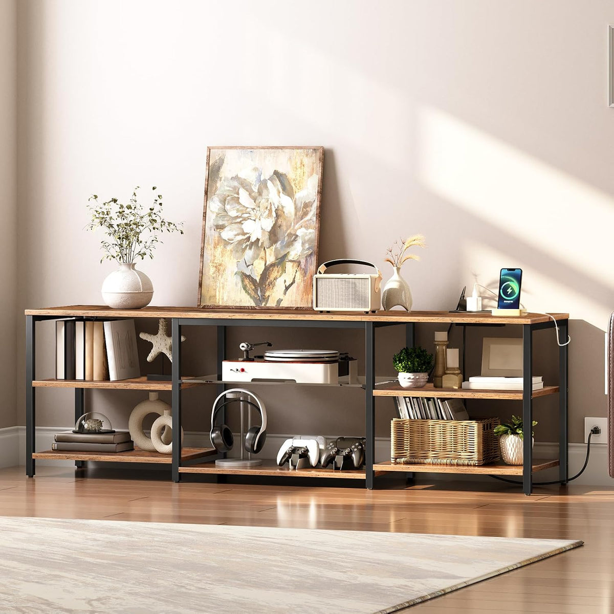 HOOBRO LED TV Stand for 75 Inch TVs with Charging Station, Gaming Entertainment Center with Open Storage, Media TV Console Table, TV Stand for Living Room, Bedroom, Rustic Brown and Black BF21UDDS01