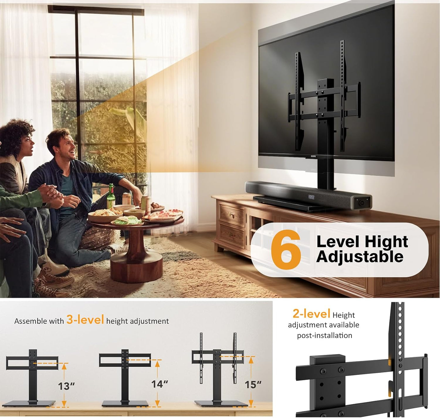 Universal TV Stand - Table Top TV Stand for 27-60 inch LCD LED TVs - 6 Level Height Adjustable TV Base Stand with Tempered Glass Base & Wire Management, VESA 400x400mm