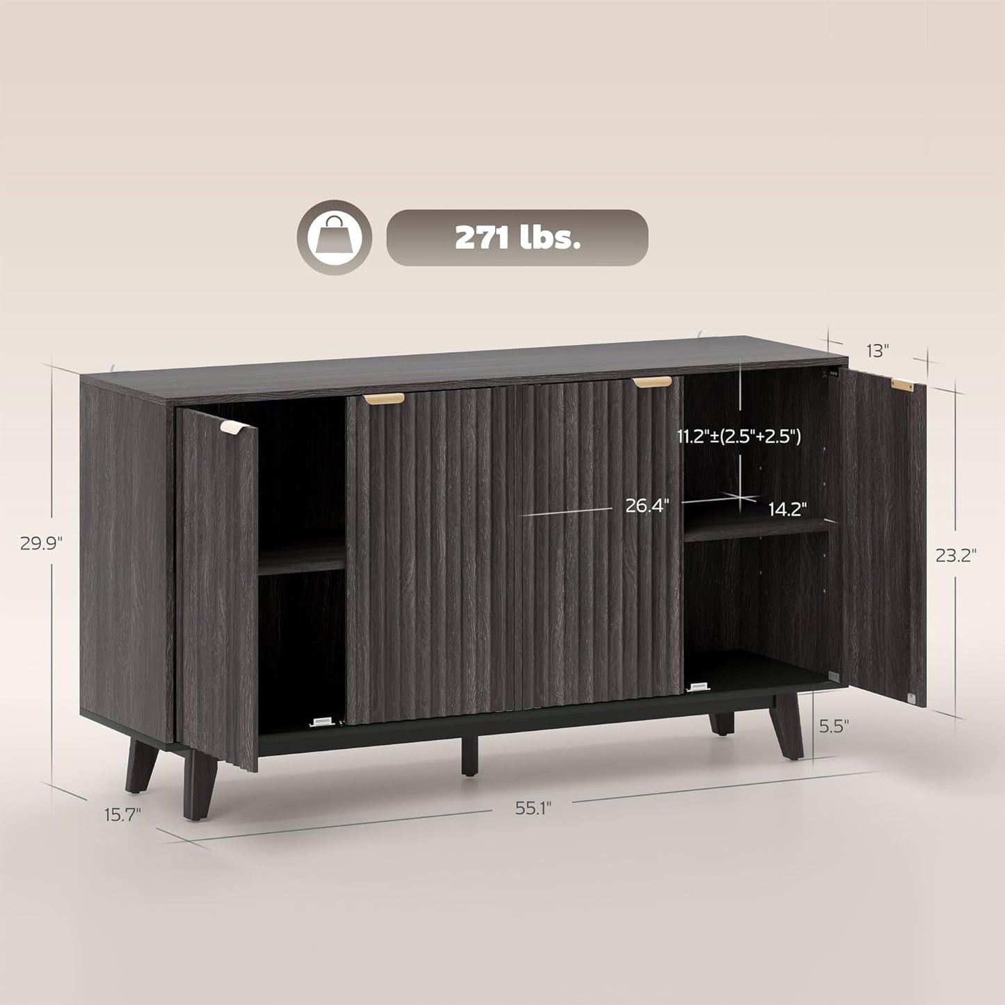 HOMCOM Fluted Sideboard Buffet Cabinet, 55" Modern Accent Console Cabinet with 4 Doors, 2 Adjustable Shelves and 5 Wood Legs, Distressed Gray