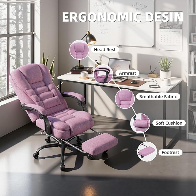 Ergonomic Gaming Chair with Footrest, Office Desk Chair Reclining 90°-150°, Comfortable Computer Chair with Adjustable Height & Armrests, Gamer Chair Silla Gamer for Adults Home Office, Pink