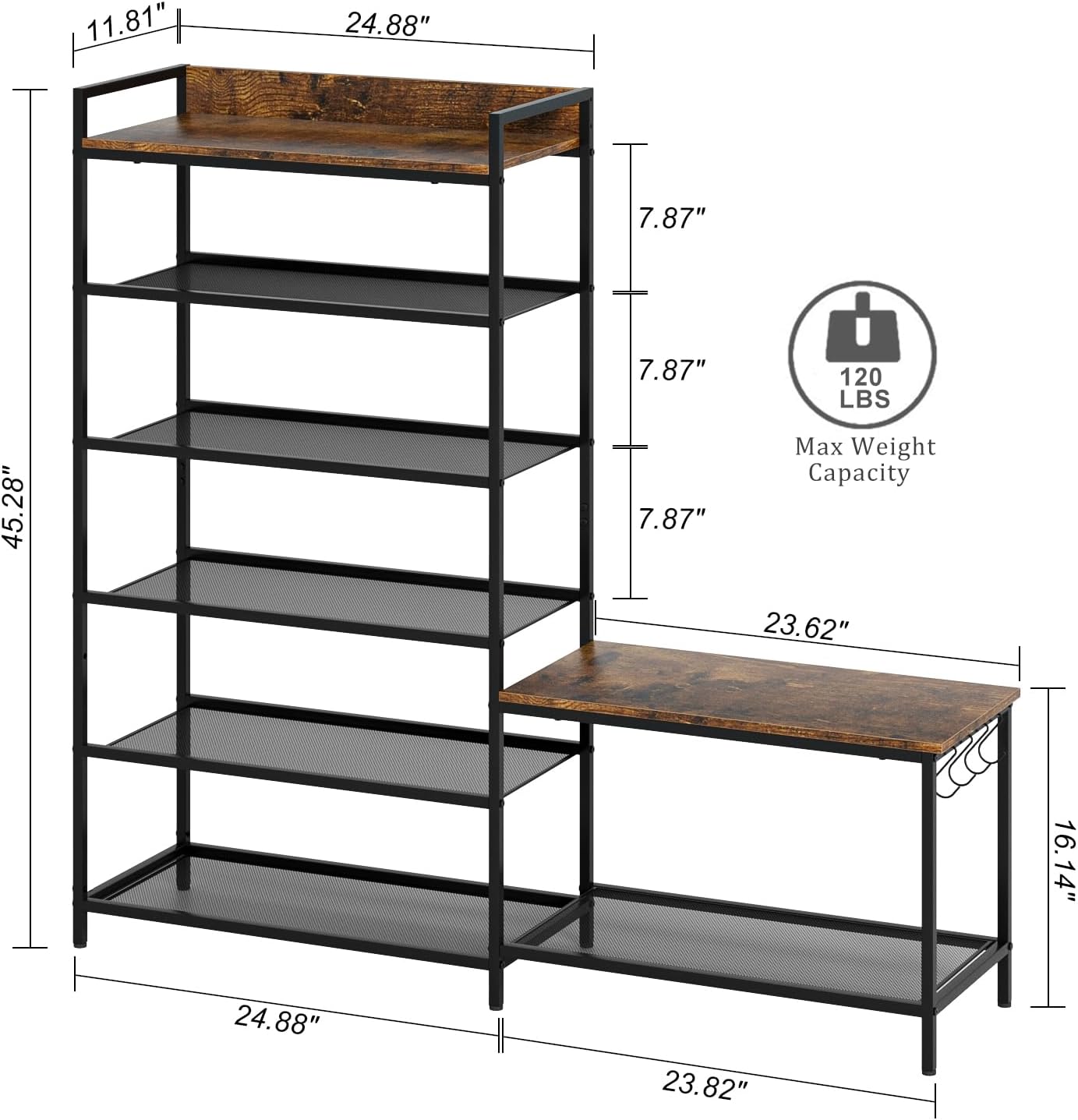 Shoe Rack Bench Storage Organizer for entryway,6-Tier Industrial Free Standing Shoe and Boot Racks with Seat,Entrance Shoe Rack Organizer Shelves for High Heels,Hallways, Closets,Brown,48.7in