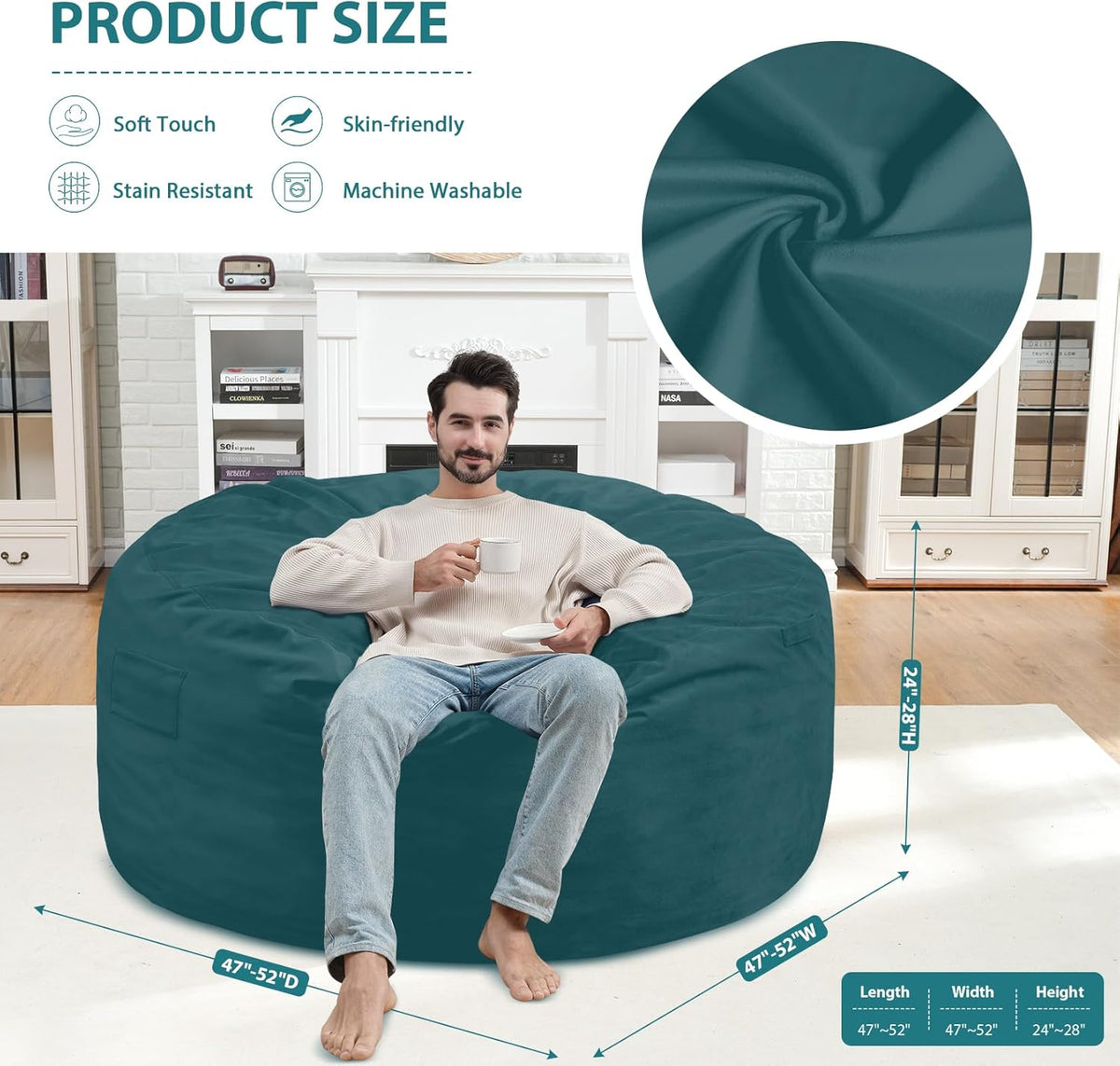 5FT Bean Bag Chair, Large Bean Bag Chairs with Memory Foam Filled, Fluffy Beanbag Sofa with Dutch Velvet Cover, Round BeanBag Chairs for Living Room, Playroom- Sea Blue