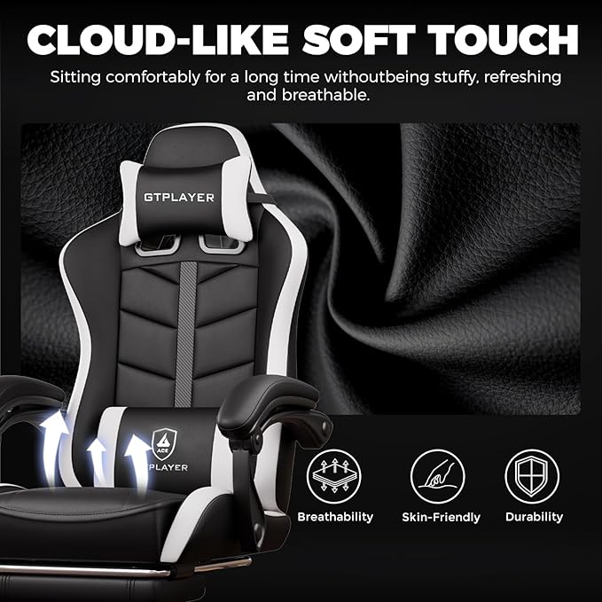 GTPLAYER Gaming Chair, Computer Gaming Chairs for Adults with Footrest, Height Adjustable PC Game Chair with 90-155° Recline & Removable Headrest Lumbar Support, Black-White
