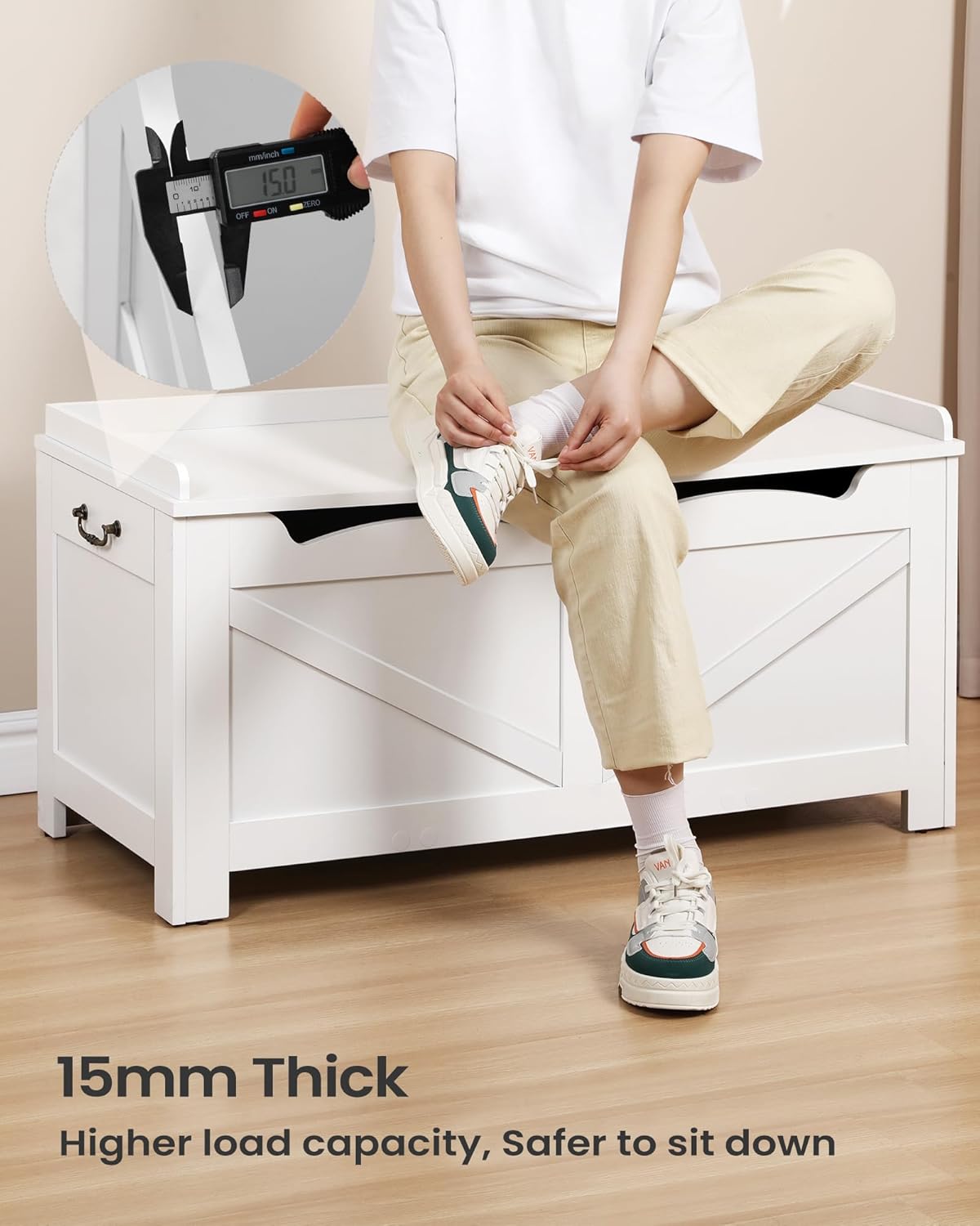 39.4" Storage Chest, Extra Large Storage Trunk with 2 Safety Hinges, Wooden Box Bench, Lift-Top Organizer Chest, Shoe Bench for Entryway, Bedroom, Living Room, White SB04503X