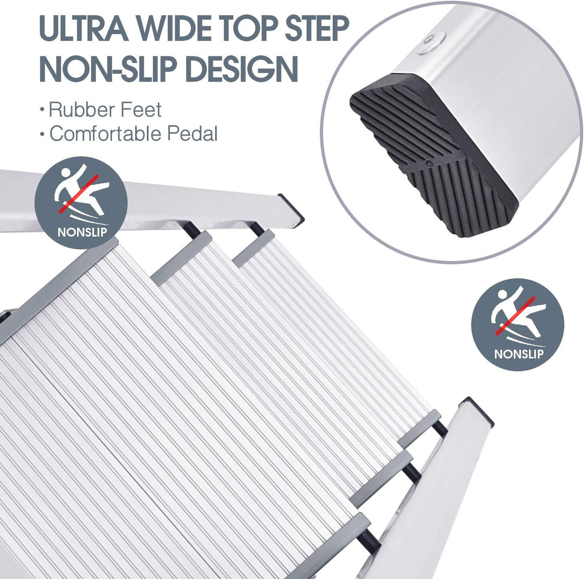 KINGRACK Aluminium 3 Step Ladder, Lightweight Step Stool with Non-Slip Pedals, Handrail, 330 LBS Foldable Step Ladder for Kitchen, Garage, Home, Space Saving, Sturdy and Portable, Silver