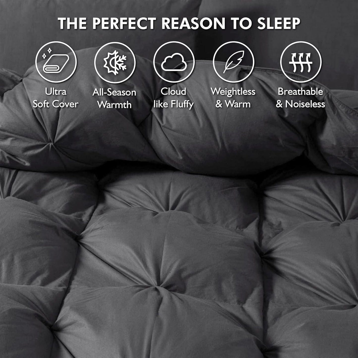 Luxurious All-Season Goose Down Feather Fiber Comforter King Size Duvet Insert, Exquisite Pinch Pleat Ruffled Twisted Flower, Premium Baffle Box, 100% Egyptian Cotton Cover, 70 oz. Fill Weight, Gray