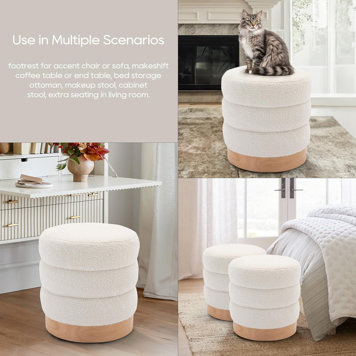 COLAMY Sherpa Ottoman Footstool, Tufted Modern Foot Rest Stool with Wood Base for Living Room, Bedroom, Desk, Round Versatile Side End Table, Pouf, Makeup Seat,2pcs,Cream