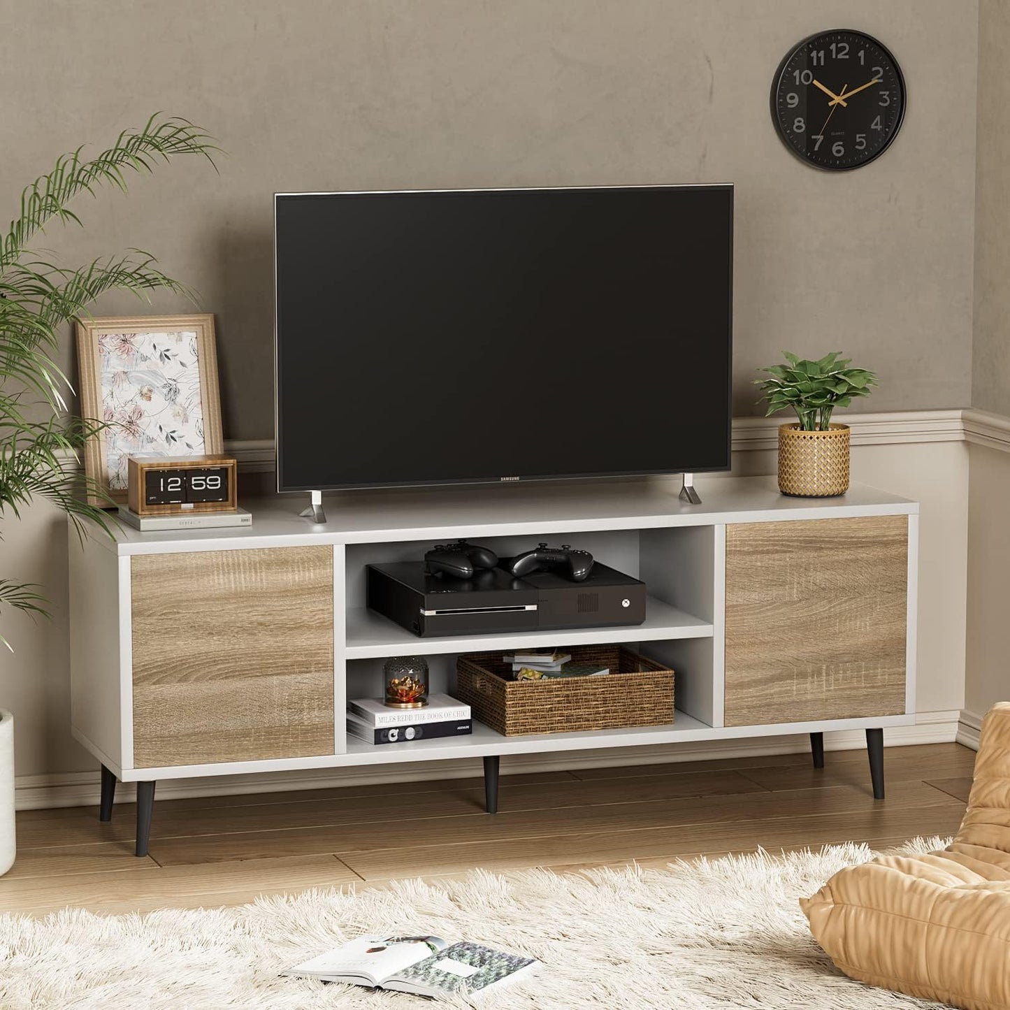 YESHOMY Modern TV Stand for 65" Television, Entertainment Center with Two Storage Cabinets, Retro Style Media Console for Living Room, Bedroom, Office, 58 Inch, Light Brown