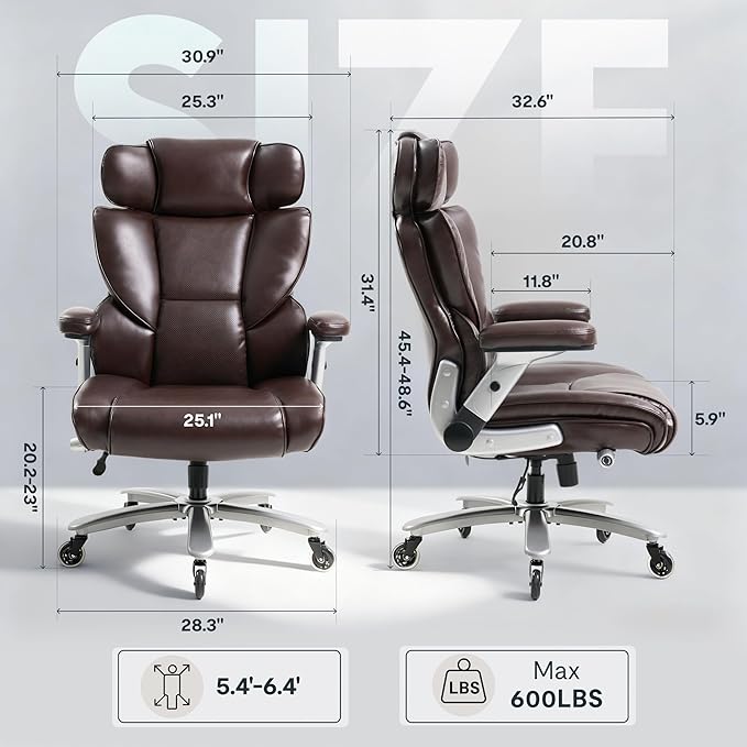 FLEXISPOT 600lbs Big and Tall Office Chair for Heavy People, Heavy Duty Computer Desk Chair with Dynamic Lumbar Support 2D Armrest Blade Wheels, Chairs for Home Office Gaming Working, Leather, Brown
