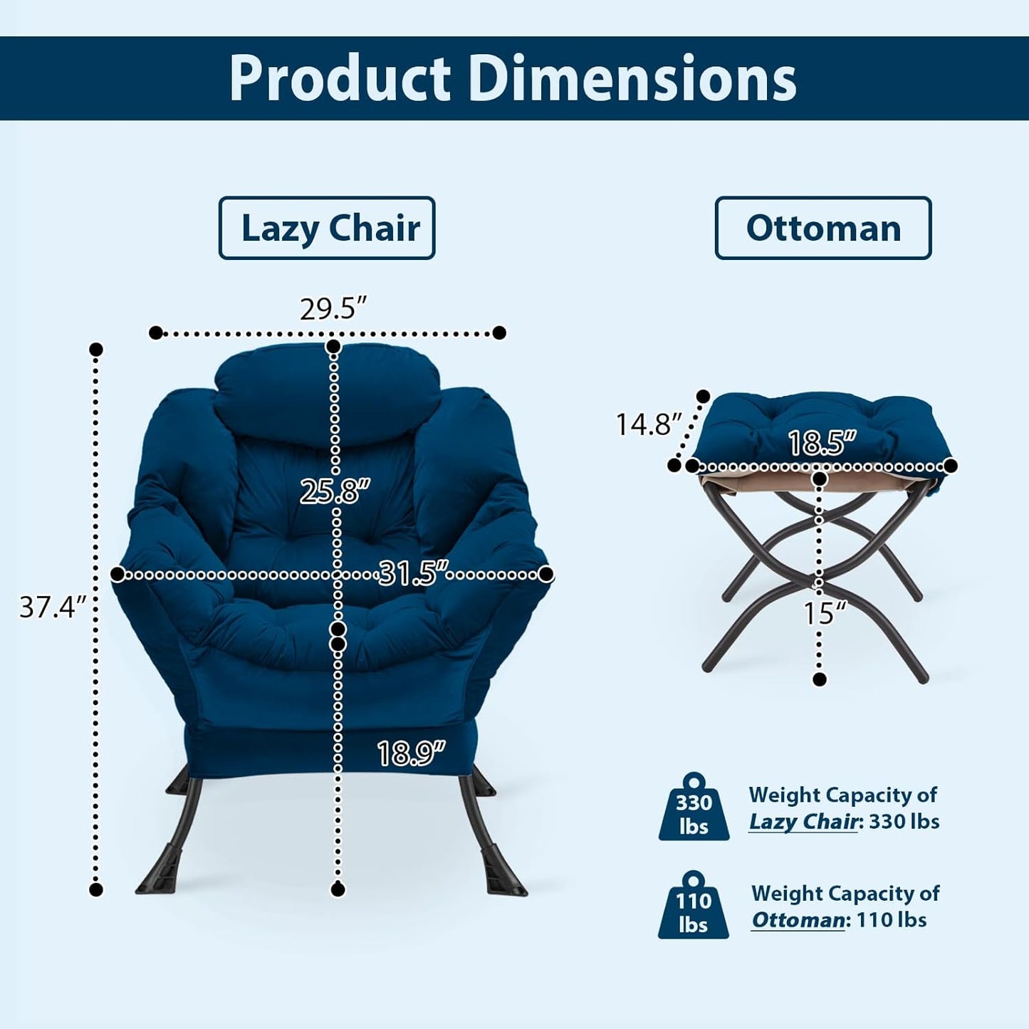 Lazy Chair with Folding Ottoman, Accent Chair Velvet Upholstered with Metal Structure and Non-Slip Pads, Sofa Armchair with Footrest and Side Storage Bag for Dorm, Room, Office, Blue