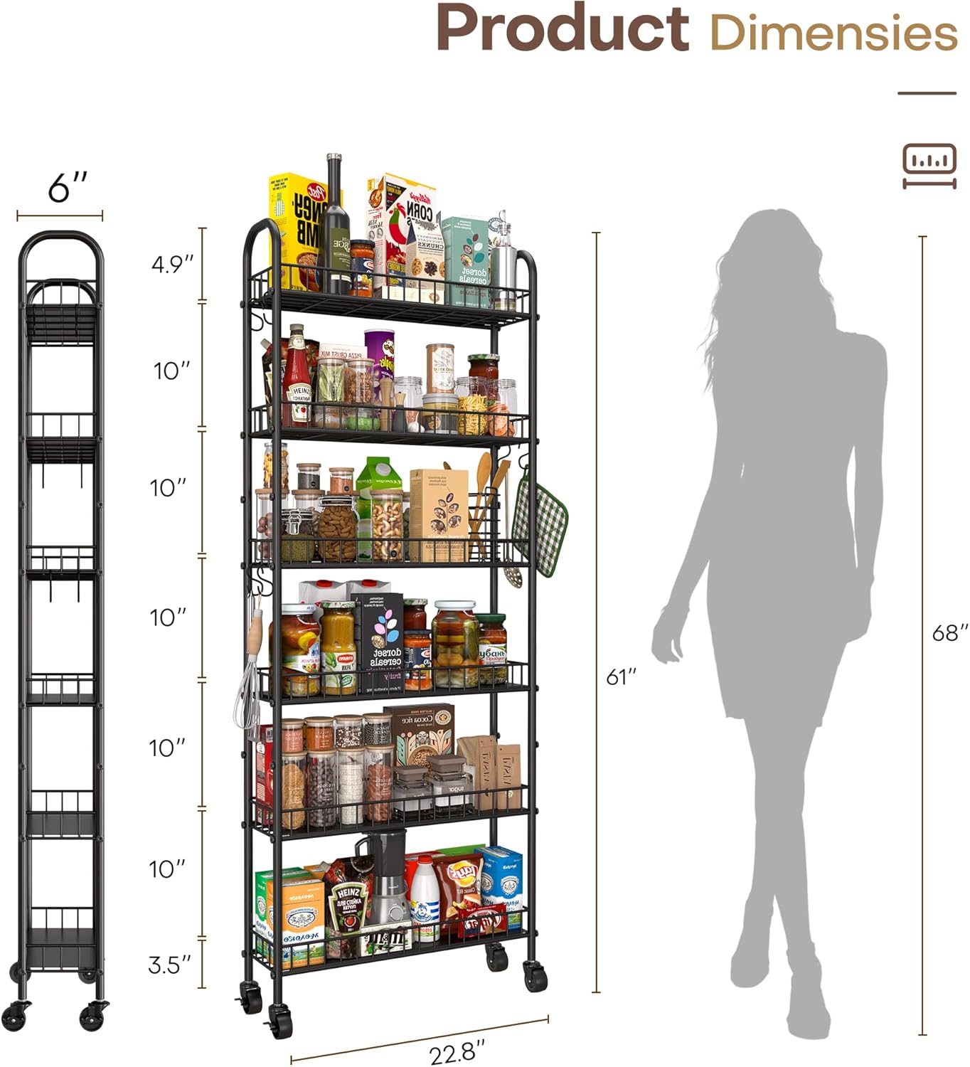 6 Tier Slim Storage Cart with Wheels, Metal Mobile Shelving Unit Organizer Utility Cart for Office Bathroom Kitchen Laundry Room Narrow Places (6inches)