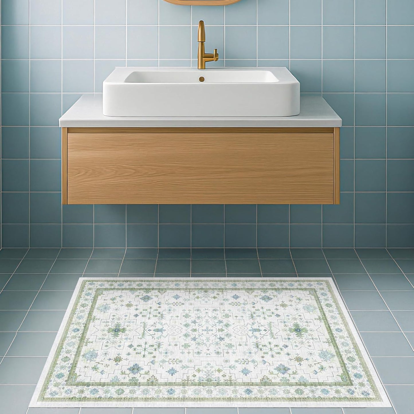 Washable Boho Bathroom Rug 2x3 - Small Throw Area Rugs for Powder Room, Laundry, Kitchen, Blue and Green Oushak Modern Eclectic Geometric Floral Pastel Decor, Low Pile Non-Slip Stain Resistant