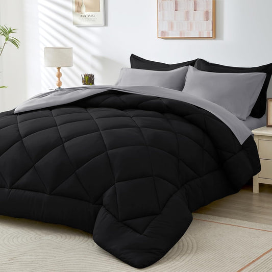 HEVUMYI Twin-XL Comforter Set - 5-Piece All Season Bed in a Bag Twin-XL, Ultra Soft Bedding Set with Comforter, Flat Sheet, Fitted Sheet, Pillowcases, Pillow Shams, Black & Light Grey