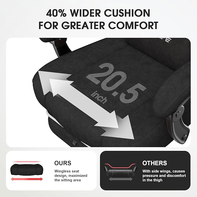 Gaming Chair, Fabric Computer Office Chair with Massage, Ergonomic Chair with Footrest Lumbar Support, Pocket Spring Widened Cushion Metal Legs 350LBS Black